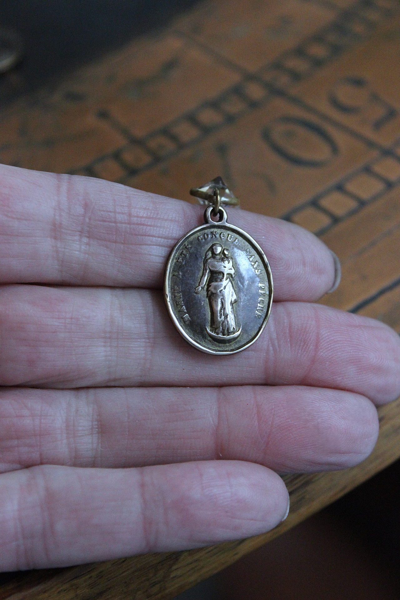 Rare Matching Gold Bronze Engraved Nun's Medal Earrings with Bezel Set Open Back Crystal Connectors 