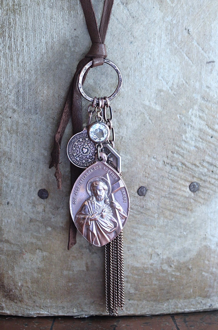 The Passion of Christ Necklace w/Exceptional & Rare Antique French Medals, Butter Soft Brown Leather Ties, Antique Faceted Crystal Connector & More!
