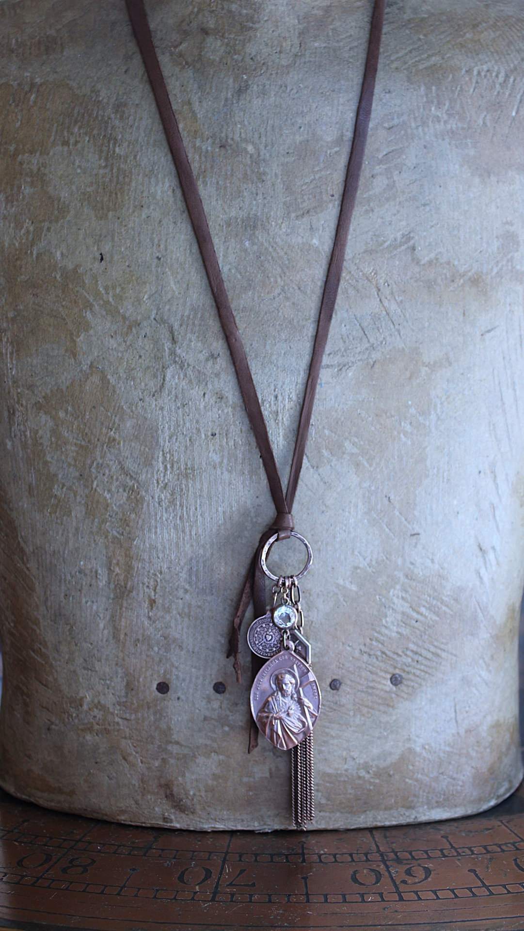 The Passion of Christ Necklace w/Exceptional & Rare Antique French Medals, Butter Soft Brown Leather Ties, Antique Faceted Crystal Connector & More!