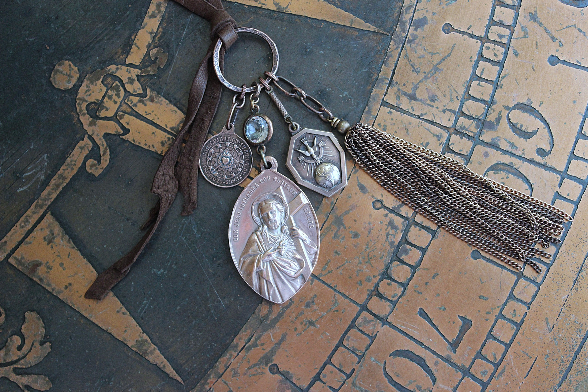 The Passion of Christ Necklace w/Exceptional & Rare Antique French Medals, Butter Soft Brown Leather Ties, Antique Faceted Crystal Connector & More!