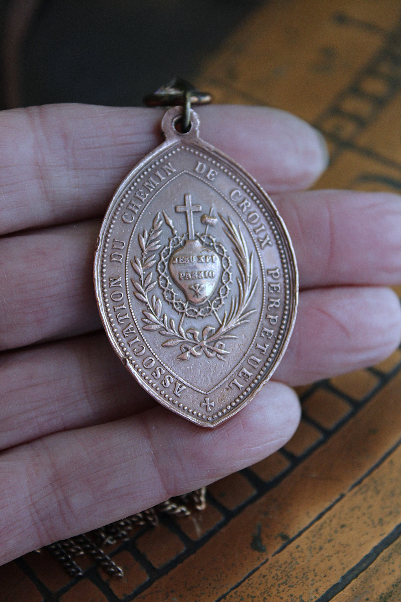 The Passion of Christ Necklace w/Exceptional & Rare Antique French Medals, Butter Soft Brown Leather Ties, Antique Faceted Crystal Connector & More!