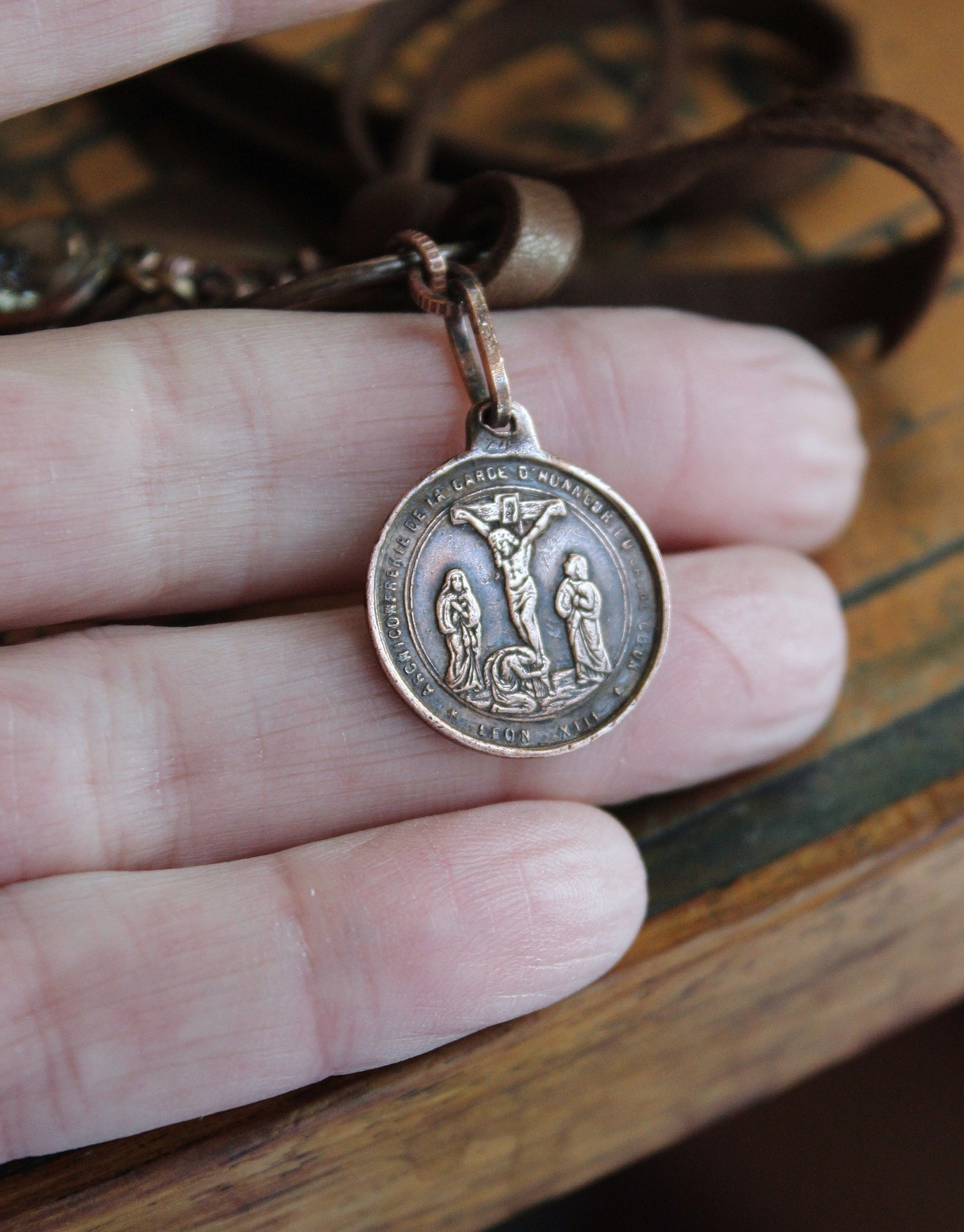 The Passion of Christ Necklace w/Exceptional & Rare Antique French Medals, Butter Soft Brown Leather Ties, Antique Faceted Crystal Connector & More!