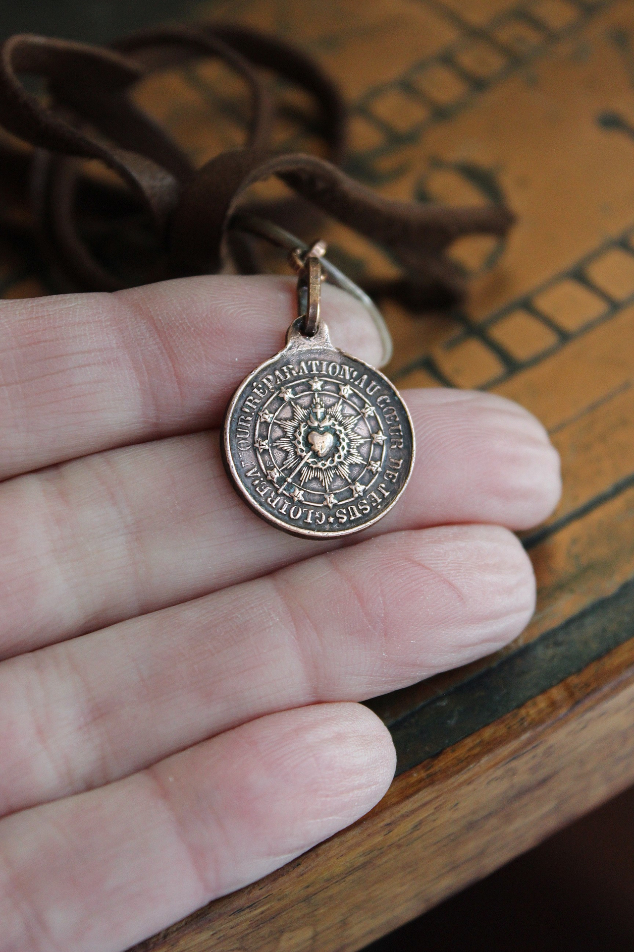 The Passion of Christ Necklace w/Exceptional & Rare Antique French Medals, Butter Soft Brown Leather Ties, Antique Faceted Crystal Connector & More!