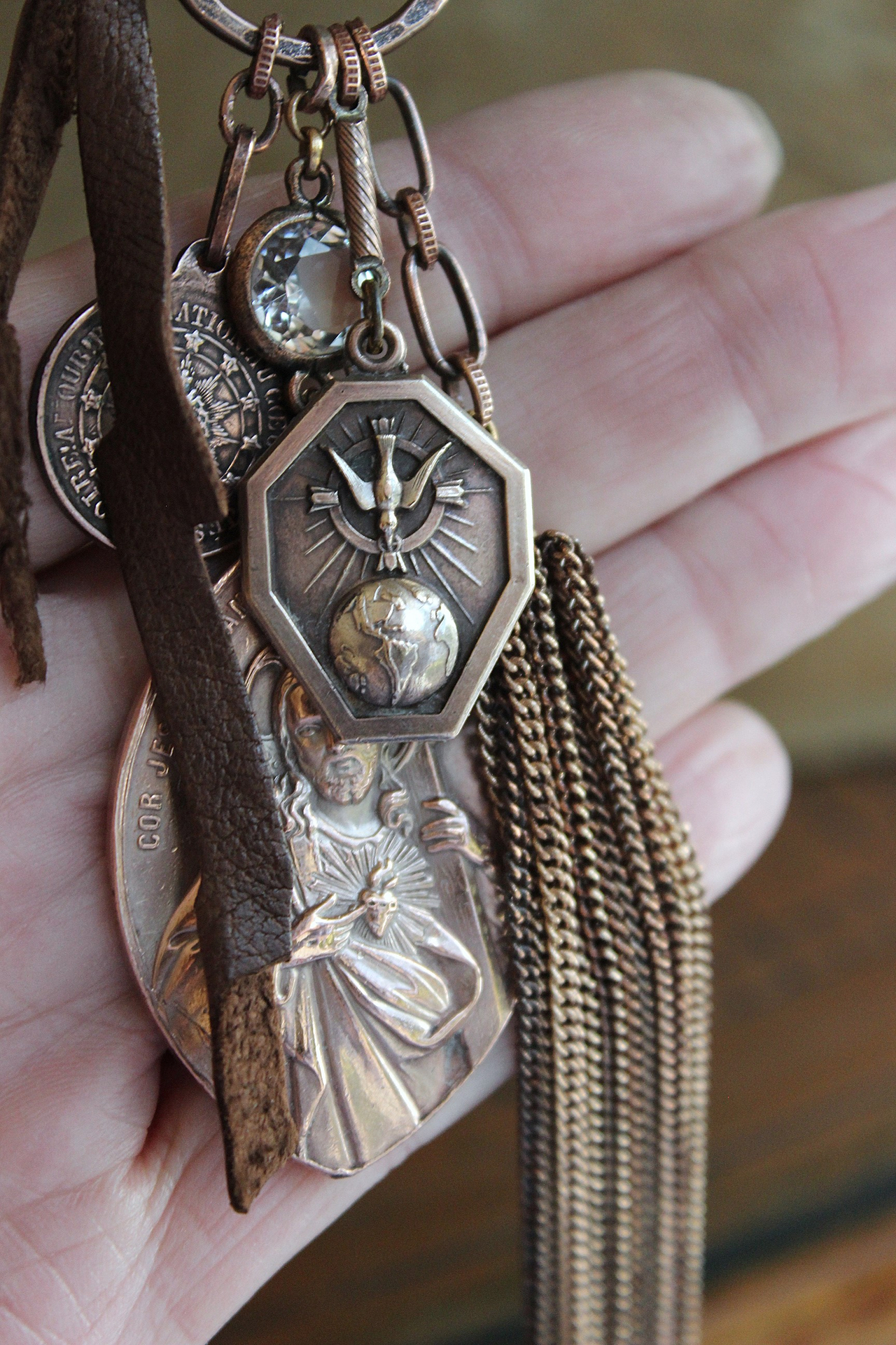 The Passion of Christ Necklace w/Exceptional & Rare Antique French Medals, Butter Soft Brown Leather Ties, Antique Faceted Crystal Connector & More!