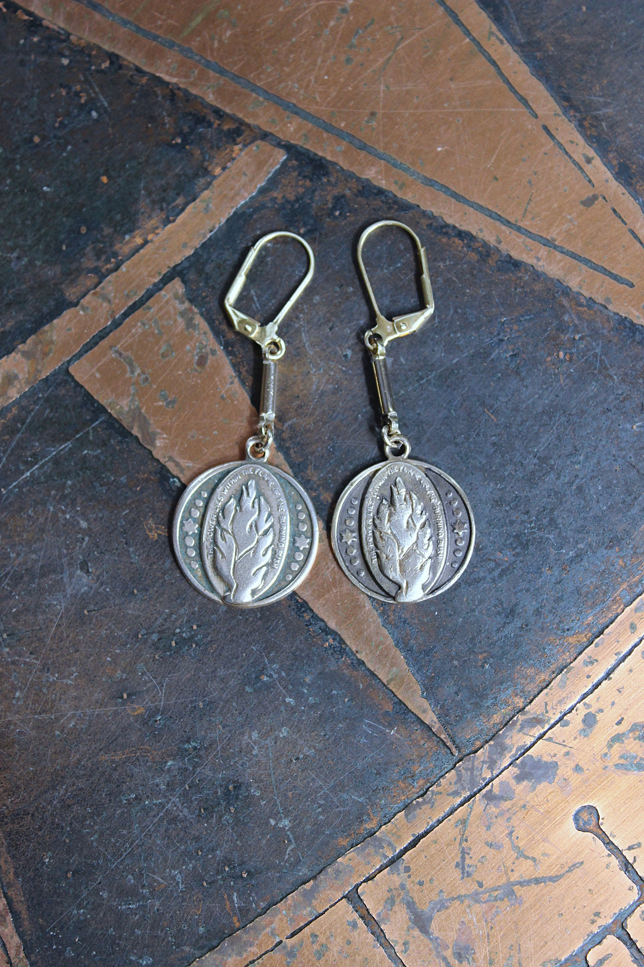 The Power lies Within Earrings with Rare Burning Bush Medals, Vintage Bar Link Connectors & Leverback Earring Wires