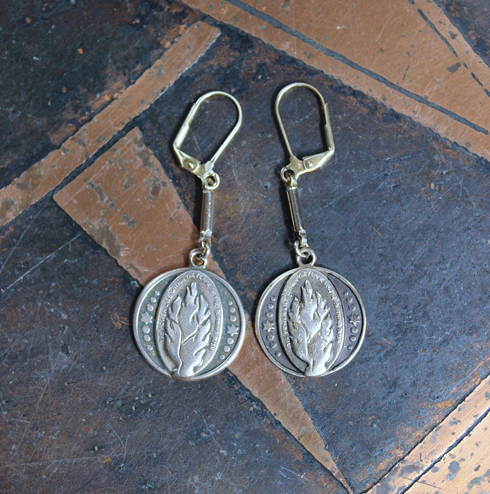 The Power lies Within Earrings with Rare Burning Bush Medals, Vintage Bar Link Connectors & Leverback Earring Wires