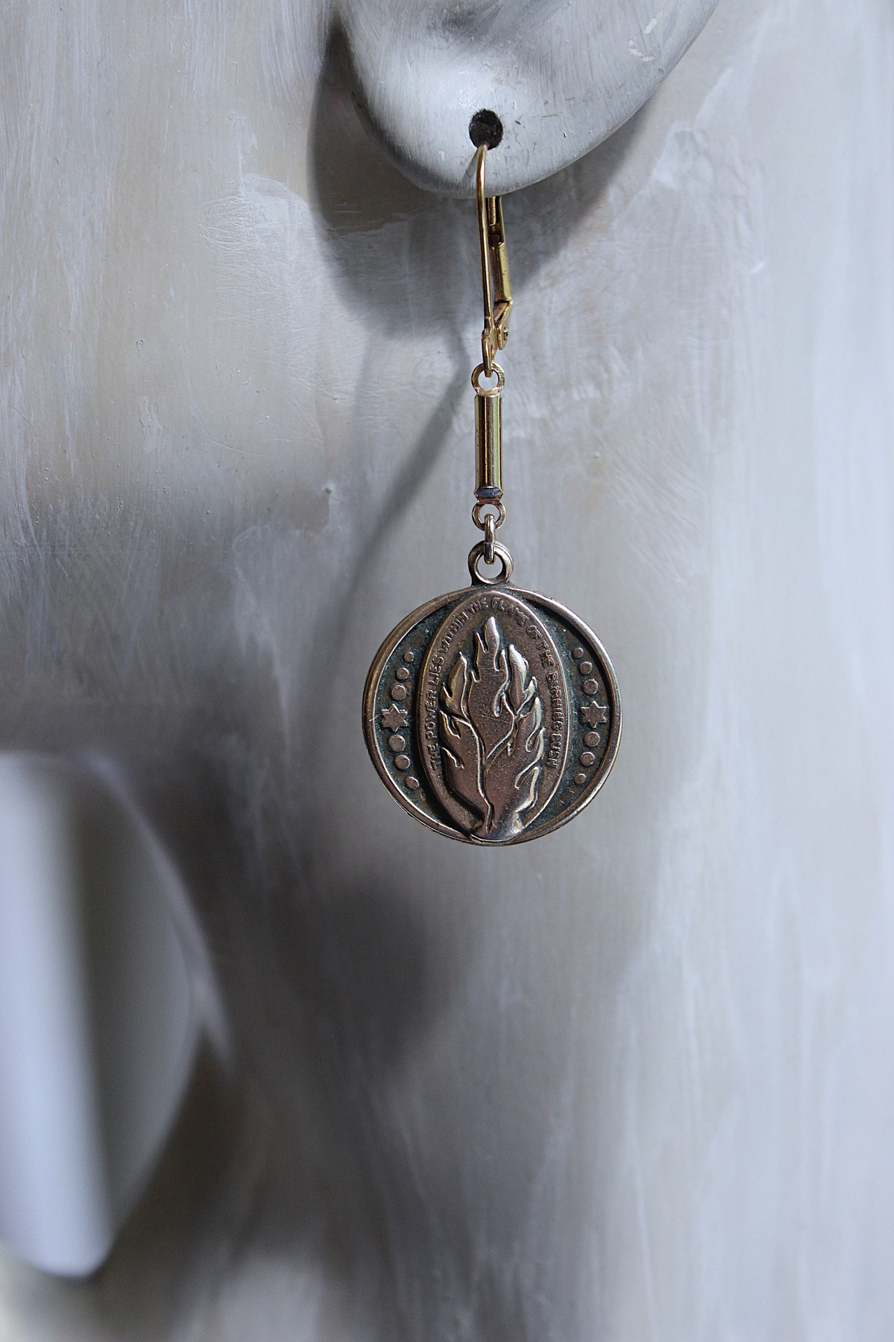 The Power lies Within Earrings with Rare Burning Bush Medals, Vintage Bar Link Connectors & Leverback Earring Wires