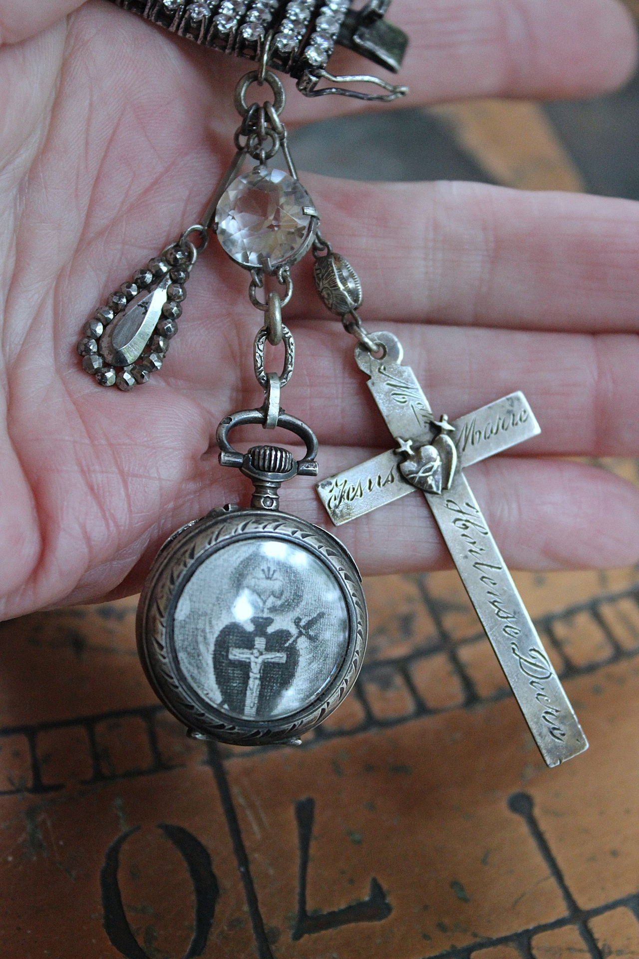 NEW! All  Around Us Bracelet with Multi Row Sterling White Zircon Bracelet, Rare Master Engraved Flaming Sacred Heart Sterling Nun's Cross & More!