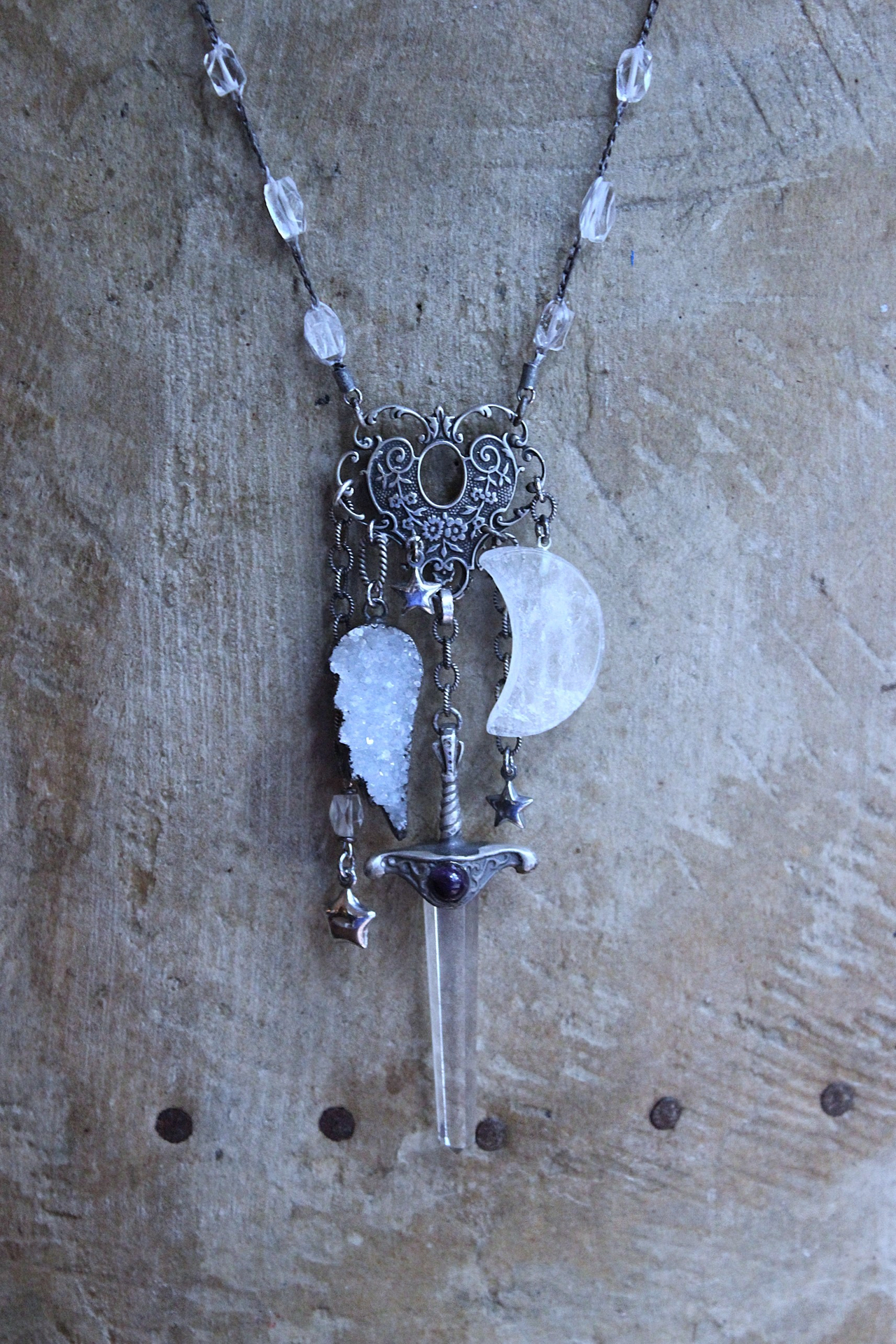 NEW! Of the Soul Necklace w/Unique Crocheted Clear Quartz Beads,RARE Sterling Sword with Water Clear Quartz Crystal Point & More!
