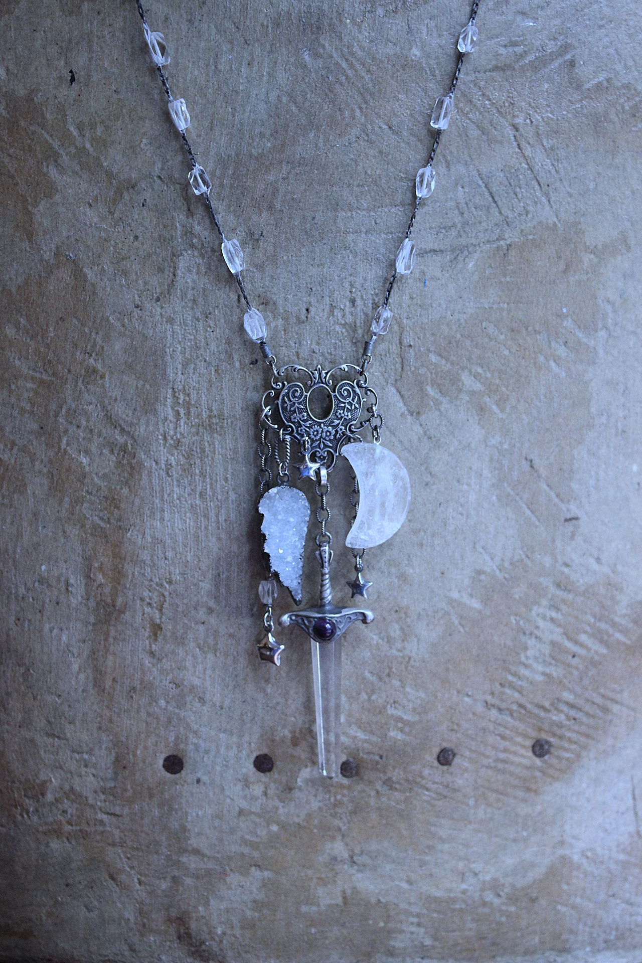 NEW! Of the Soul Necklace w/Unique Crocheted Clear Quartz Beads,RARE Sterling Sword with Water Clear Quartz Crystal Point & More!