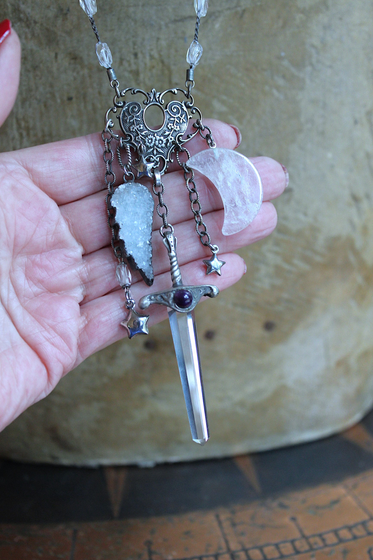 NEW! Of the Soul Necklace w/Unique Crocheted Clear Quartz Beads,RARE Sterling Sword with Water Clear Quartz Crystal Point & More!