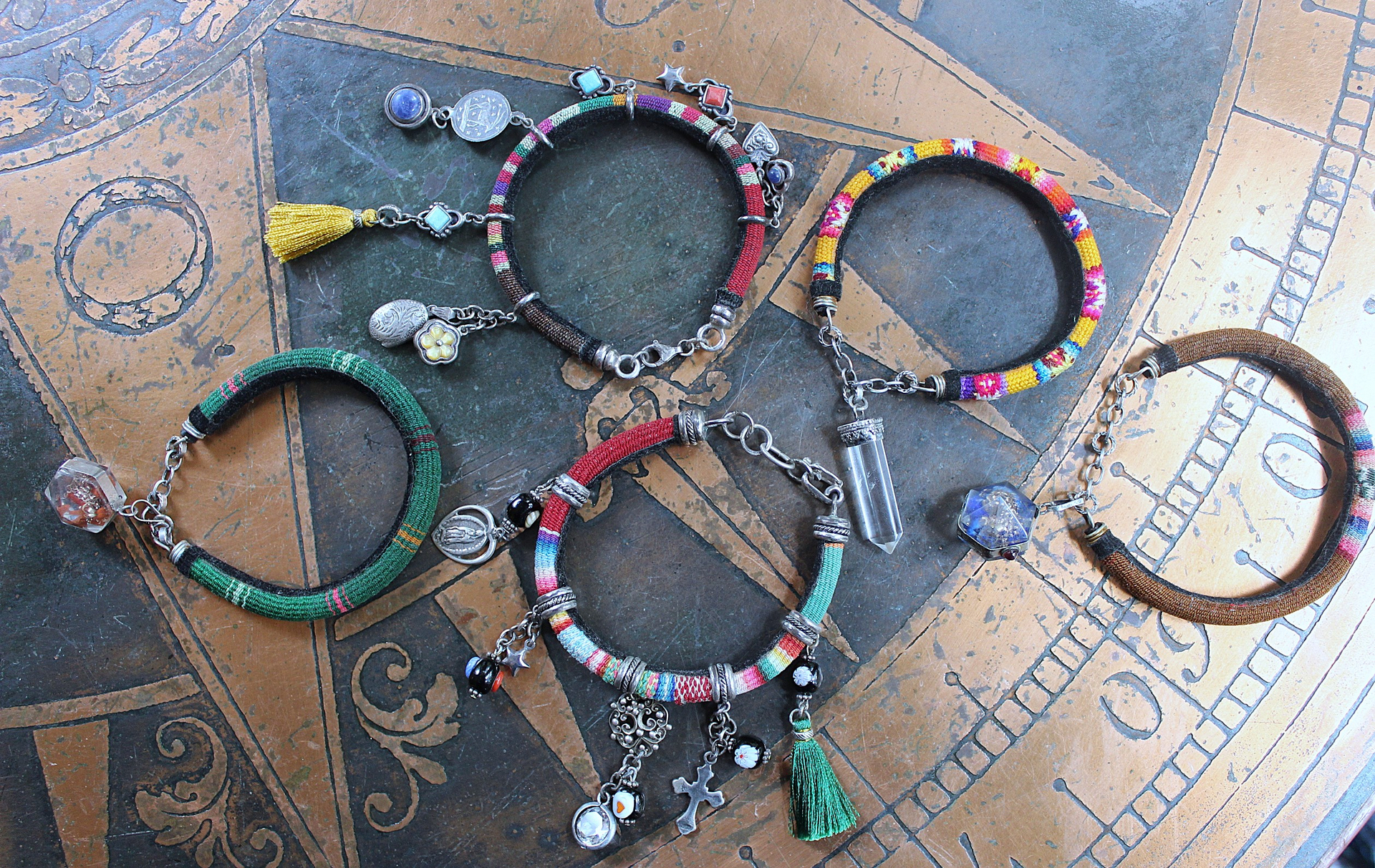 NEW! Set of 5 Woven Serape Textile & Sterling Stacking Bracelets with Multiple Drops & Dangles - lots of Sterling & Unique Pieces!