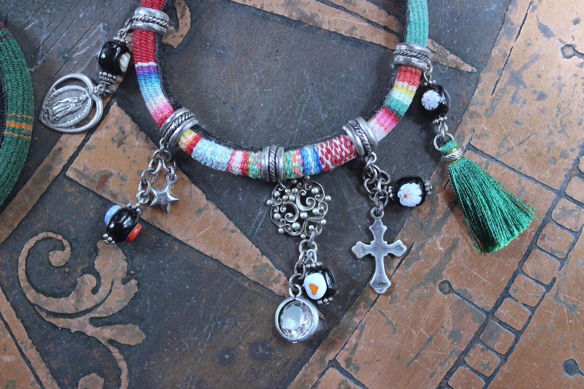 NEW! Set of 5 Woven Serape Textile & Sterling Stacking Bracelets with Multiple Drops & Dangles - lots of Sterling & Unique Pieces!