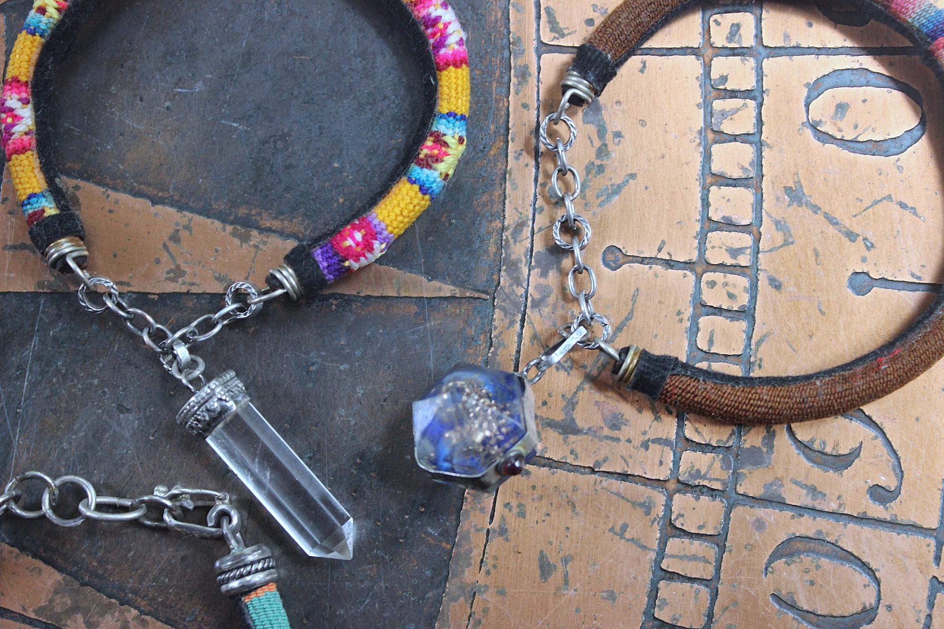 NEW! Set of 5 Woven Serape Textile & Sterling Stacking Bracelets with Multiple Drops & Dangles - lots of Sterling & Unique Pieces!
