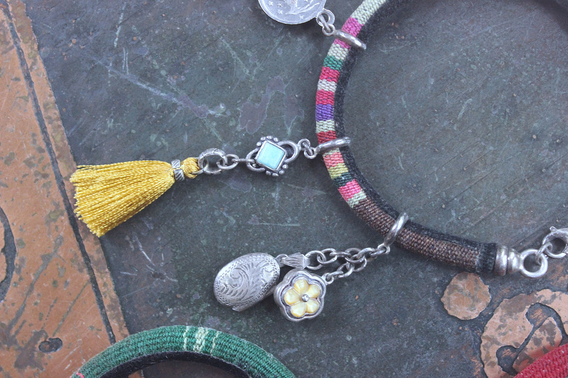 NEW! Set of 5 Woven Serape Textile & Sterling Stacking Bracelets with Multiple Drops & Dangles - lots of Sterling & Unique Pieces!