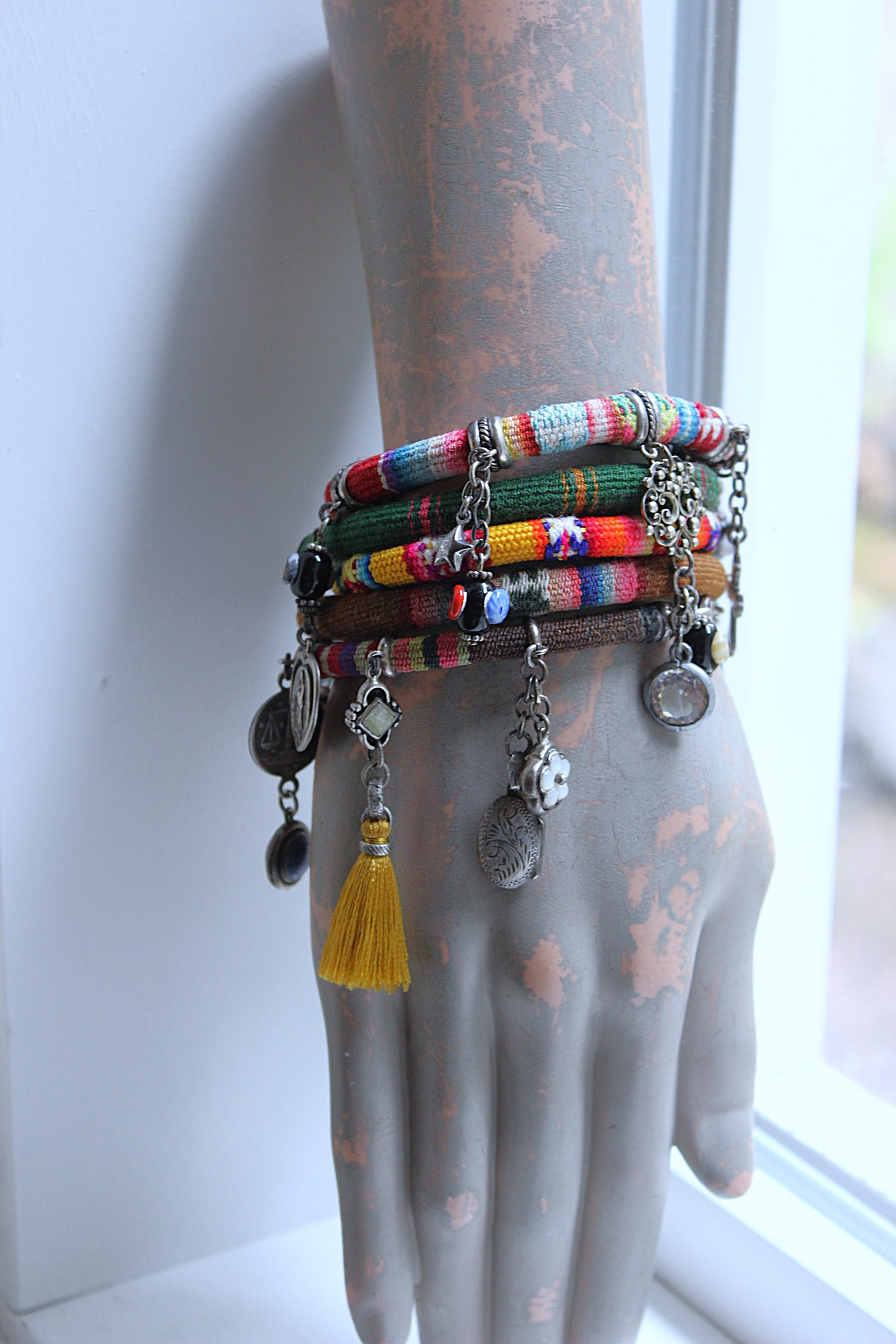 NEW! Set of 5 Woven Serape Textile & Sterling Stacking Bracelets with Multiple Drops & Dangles - lots of Sterling & Unique Pieces!