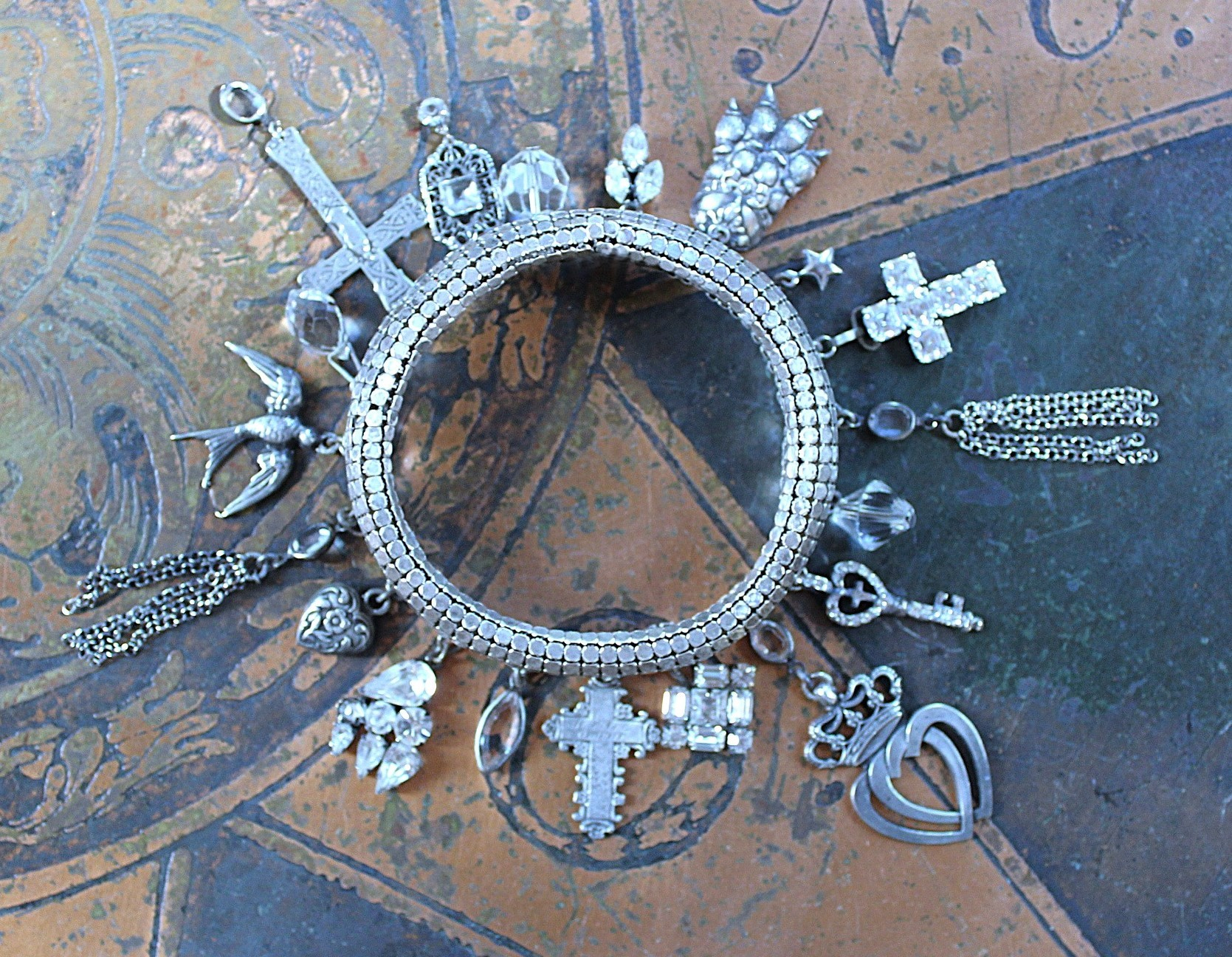 NEW! Power of Love Bangle Bracelet with Unique Silver Mesh,19 Vintage & Antique Dangles, Antique Faceted Crystal Bead Drops