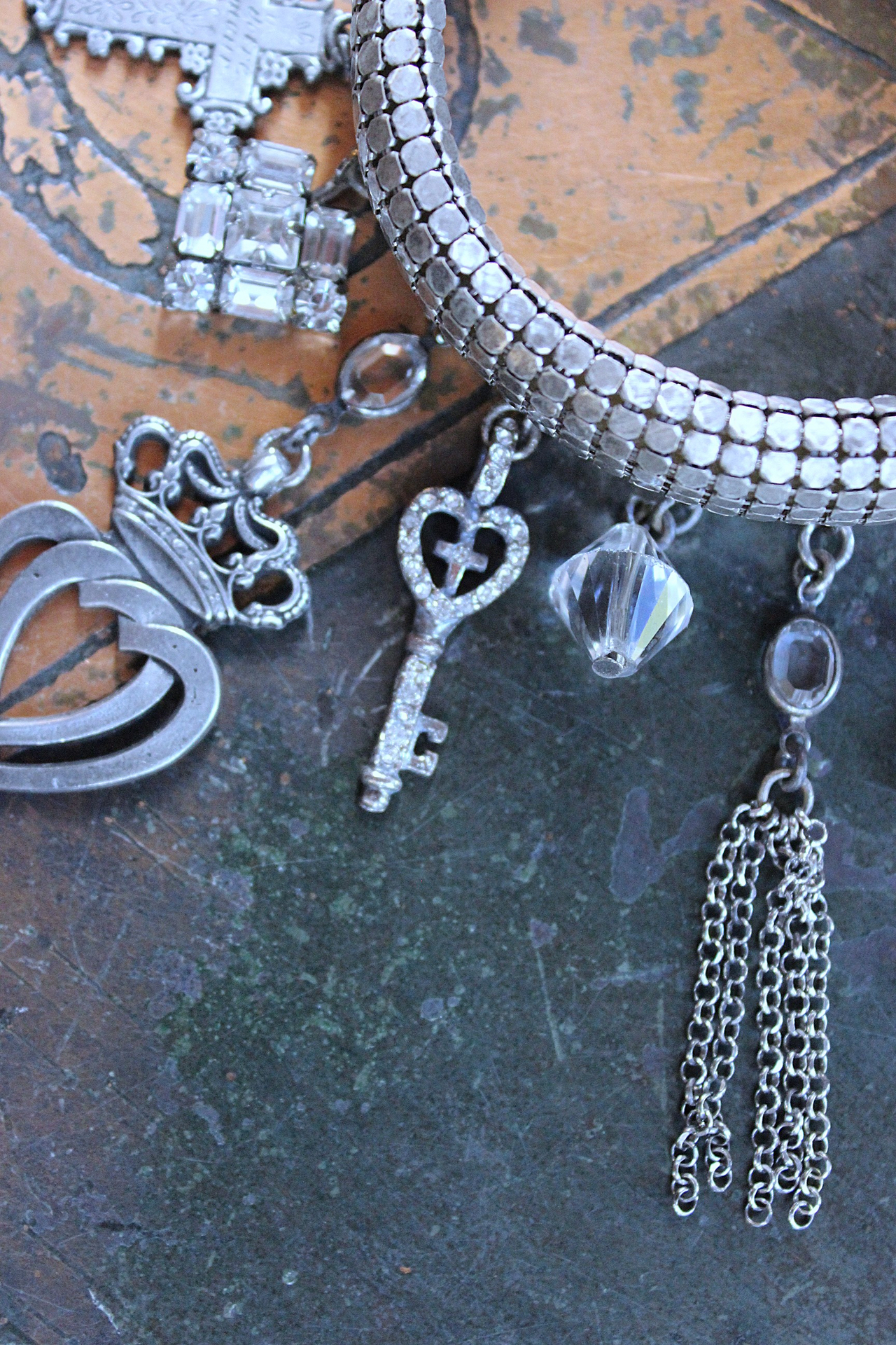 NEW! Power of Love Bangle Bracelet with Unique Silver Mesh,19 Vintage & Antique Dangles, Antique Faceted Crystal Bead Drops