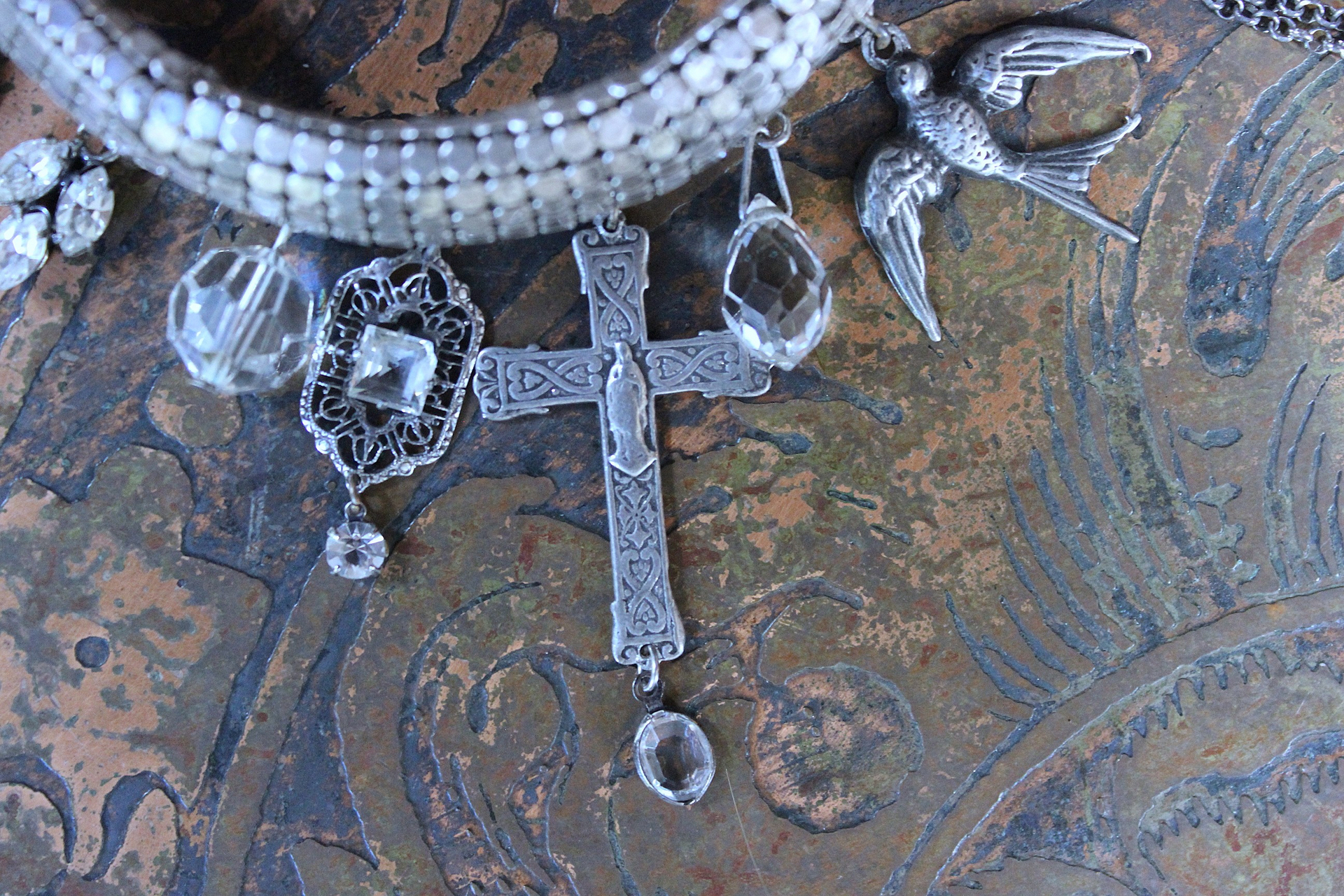 NEW! Power of Love Bangle Bracelet with Unique Silver Mesh,19 Vintage & Antique Dangles, Antique Faceted Crystal Bead Drops