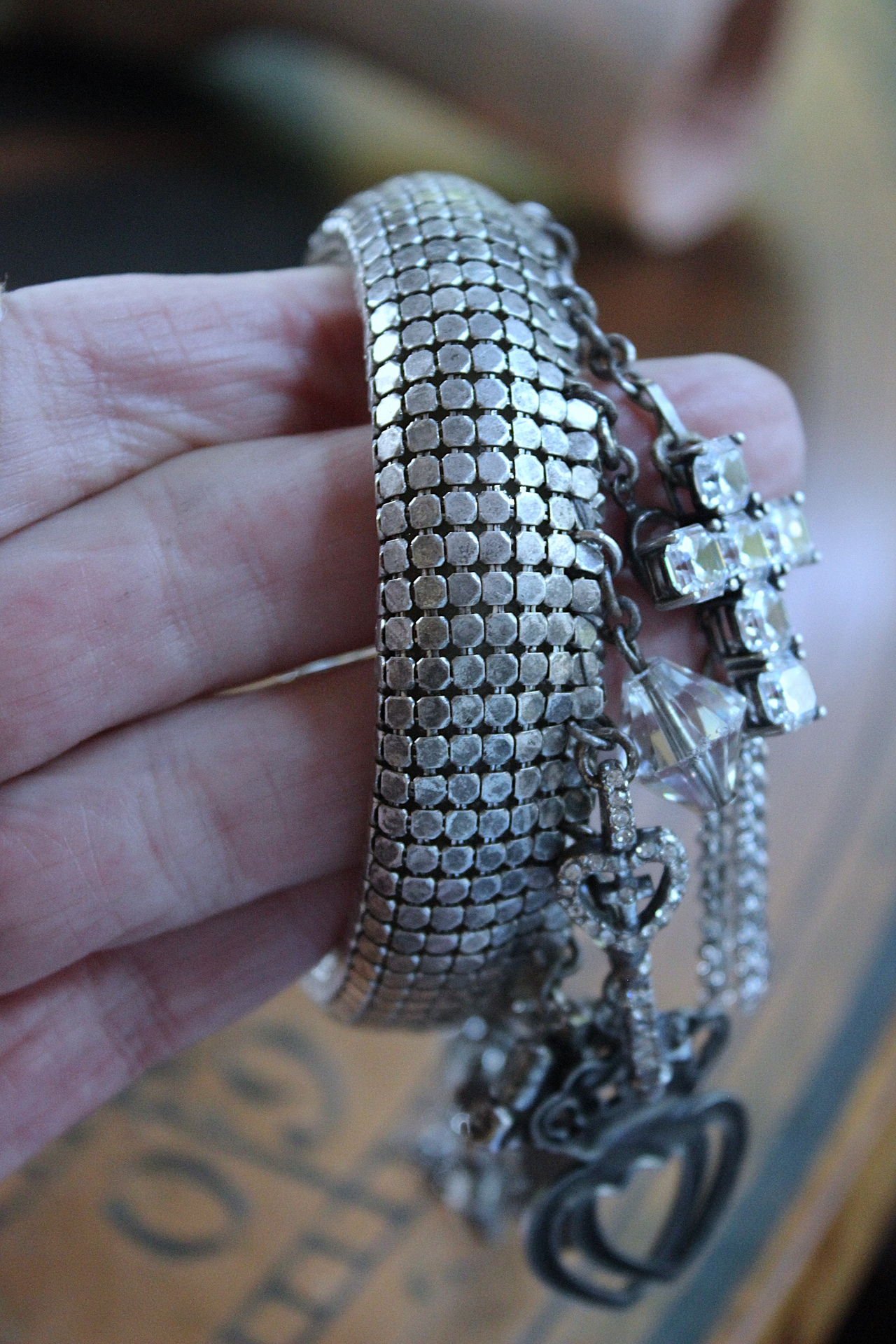 NEW! Power of Love Bangle Bracelet with Unique Silver Mesh,19 Vintage & Antique Dangles, Antique Faceted Crystal Bead Drops