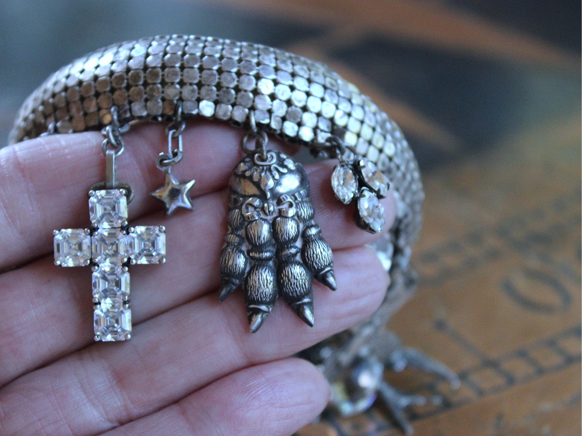 NEW! Power of Love Bangle Bracelet with Unique Silver Mesh,19 Vintage & Antique Dangles, Antique Faceted Crystal Bead Drops