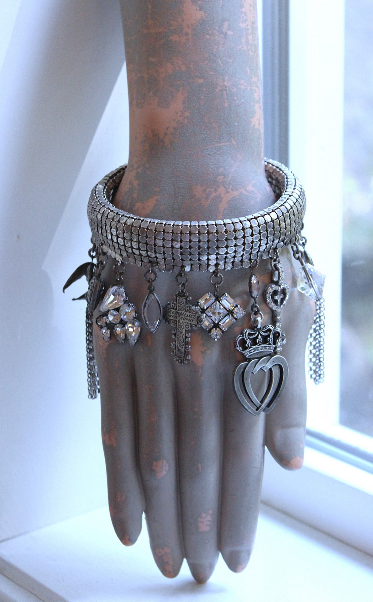 NEW! Power of Love Bangle Bracelet with Unique Silver Mesh,19 Vintage & Antique Dangles, Antique Faceted Crystal Bead Drops