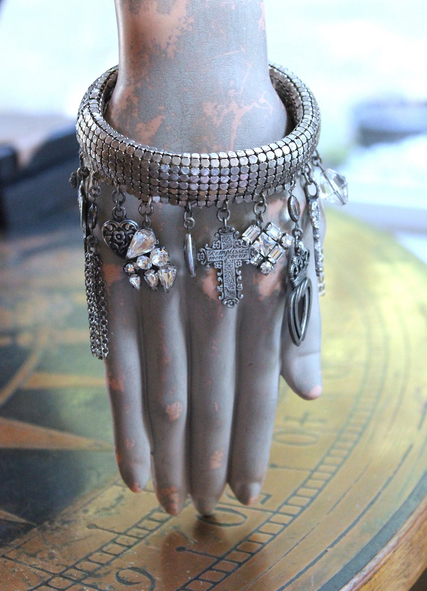 NEW! Power of Love Bangle Bracelet with Unique Silver Mesh,19 Vintage & Antique Dangles, Antique Faceted Crystal Bead Drops