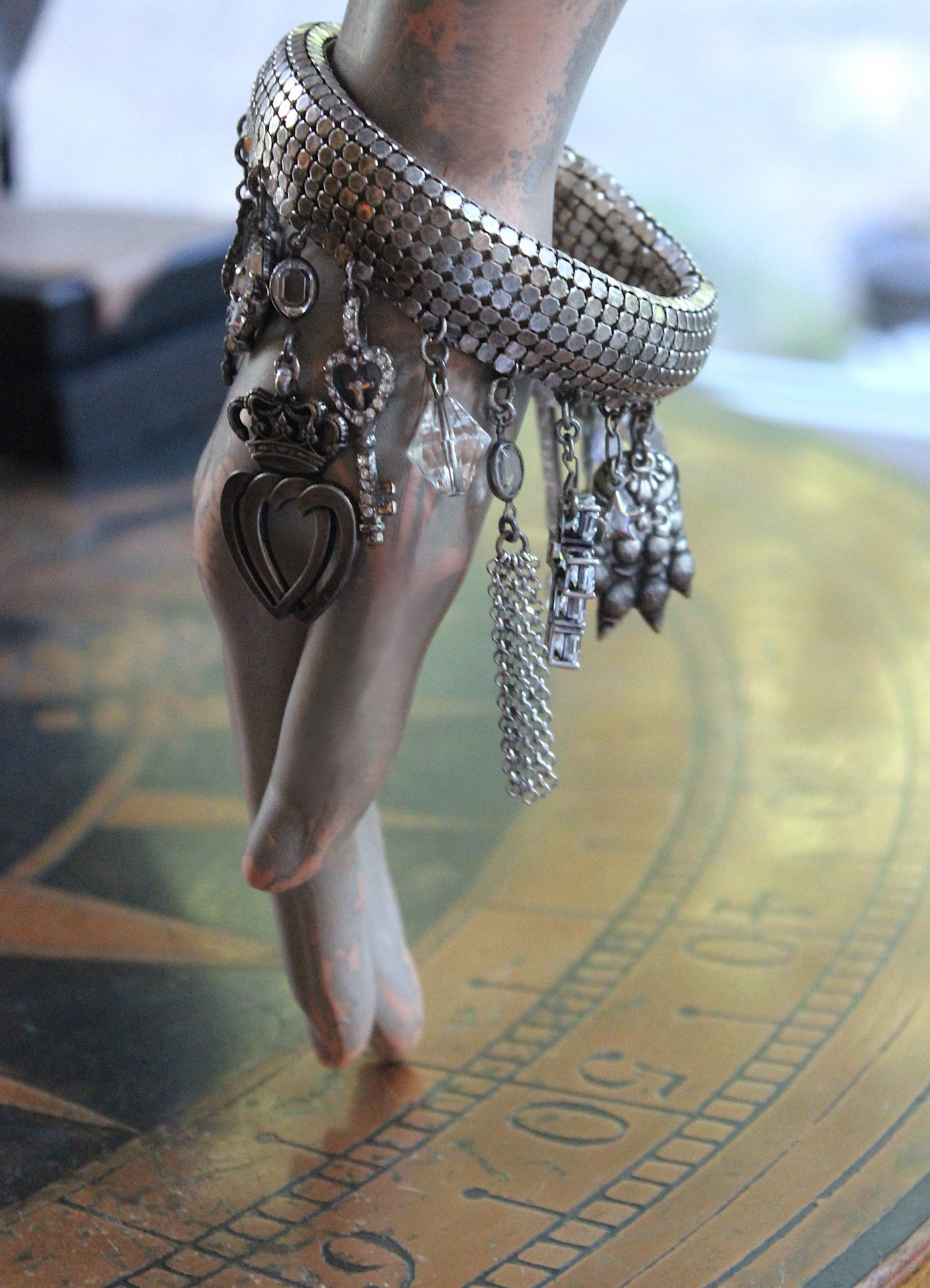 NEW! Power of Love Bangle Bracelet with Unique Silver Mesh,19 Vintage & Antique Dangles, Antique Faceted Crystal Bead Drops
