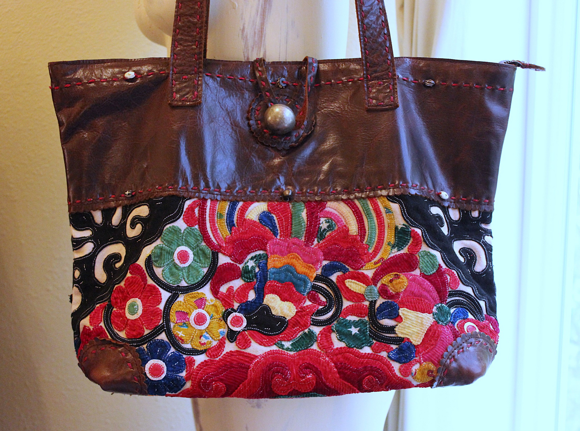 NEW! Vintage JP & Mattie Leather and Antique Applique Textile Bag 
