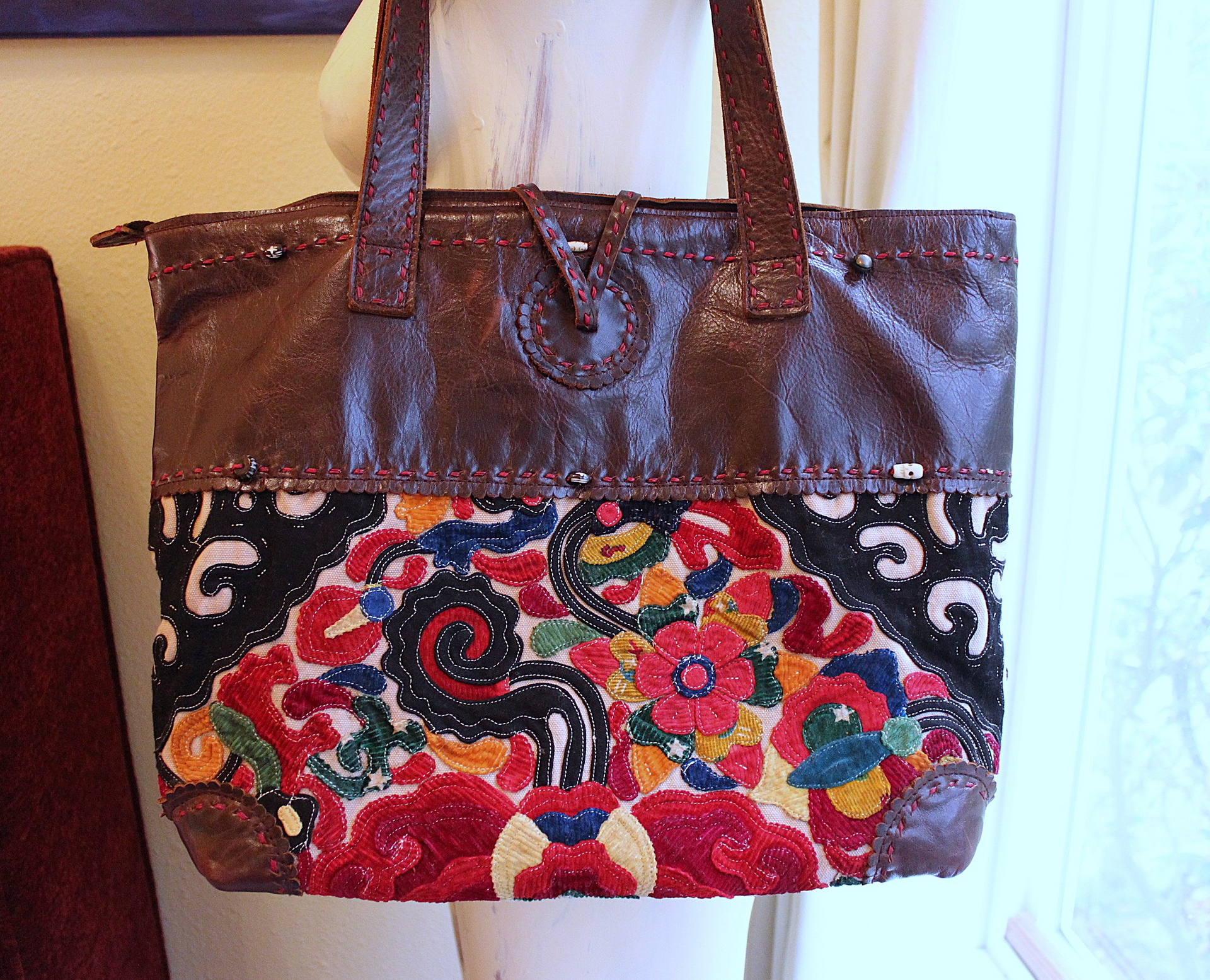 NEW! Vintage JP & Mattie Leather and Antique Applique Textile Bag 