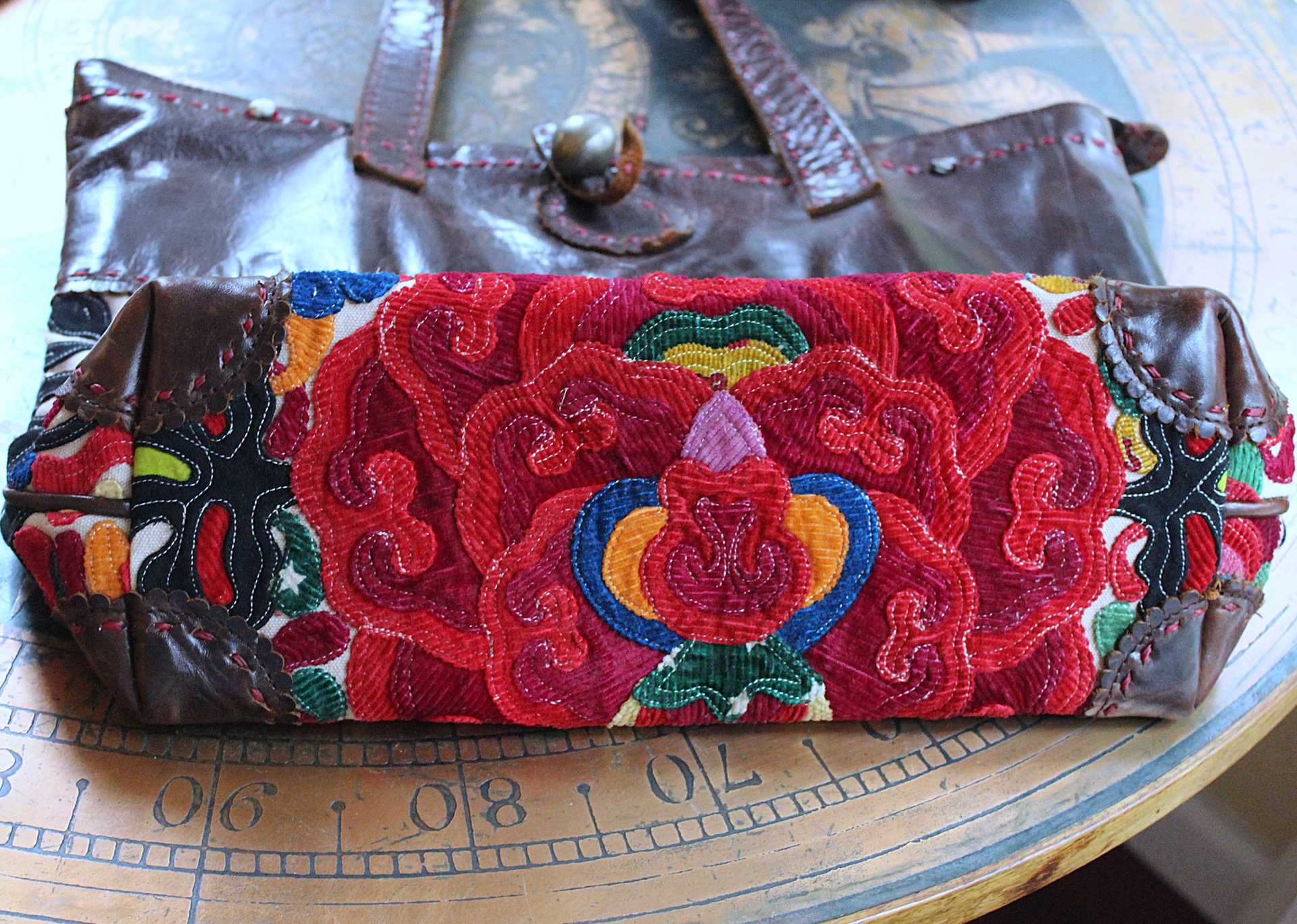 NEW! Vintage JP & Mattie Leather and Antique Applique Textile Bag 