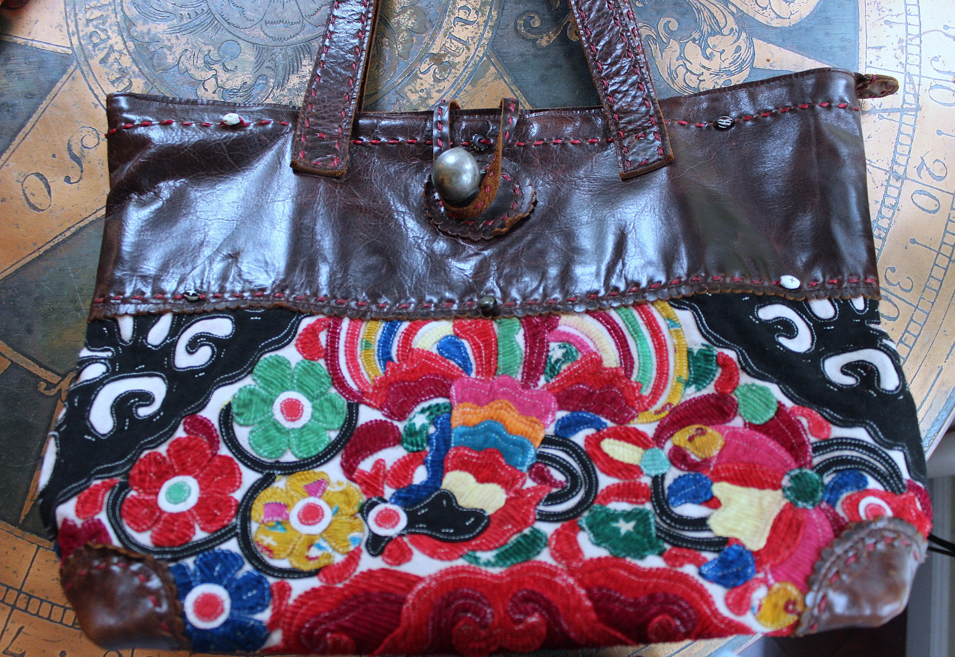 NEW! Vintage JP & Mattie Leather and Antique Applique Textile Bag 