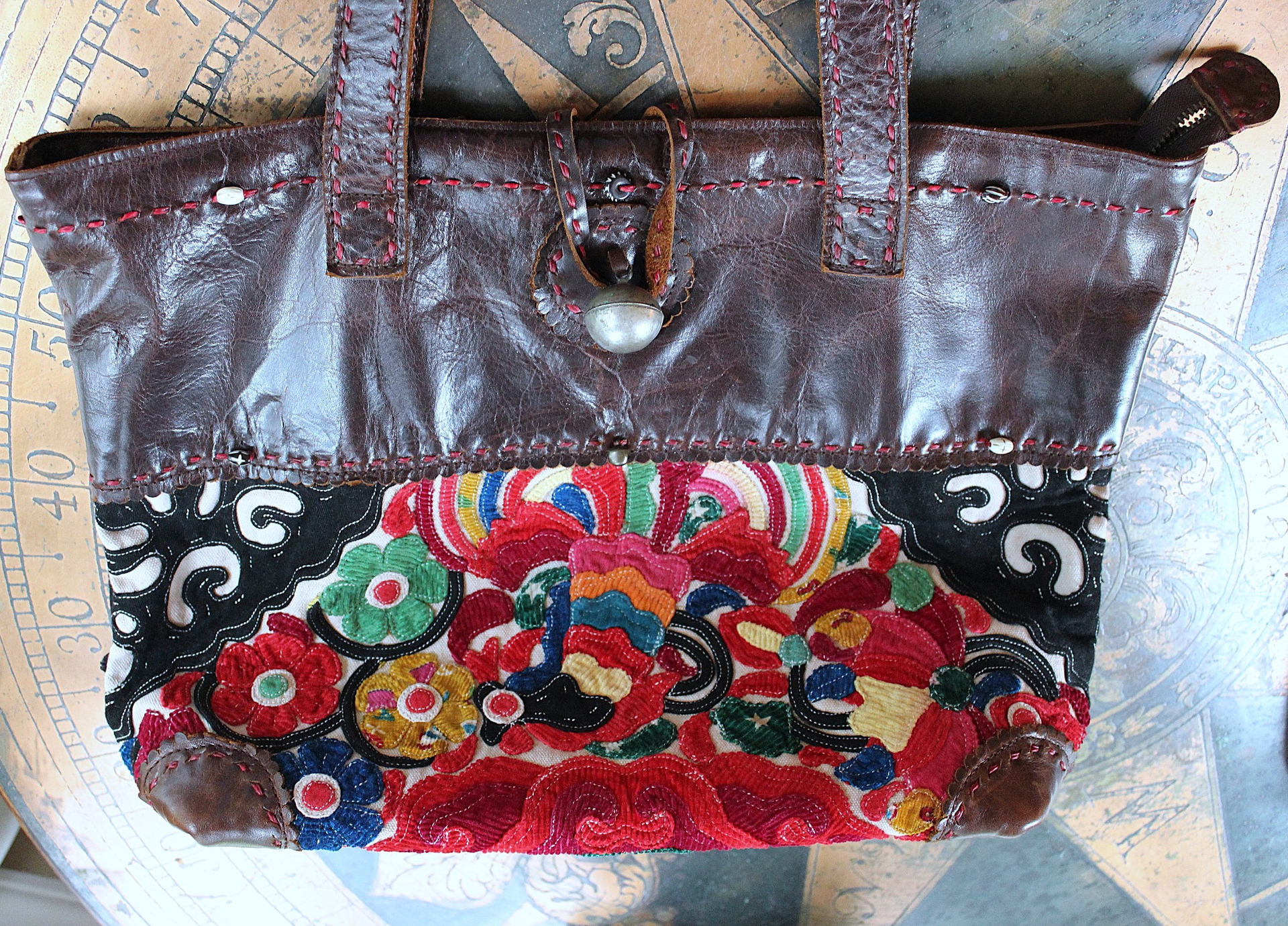 NEW! Vintage JP & Mattie Leather and Antique Applique Textile Bag 