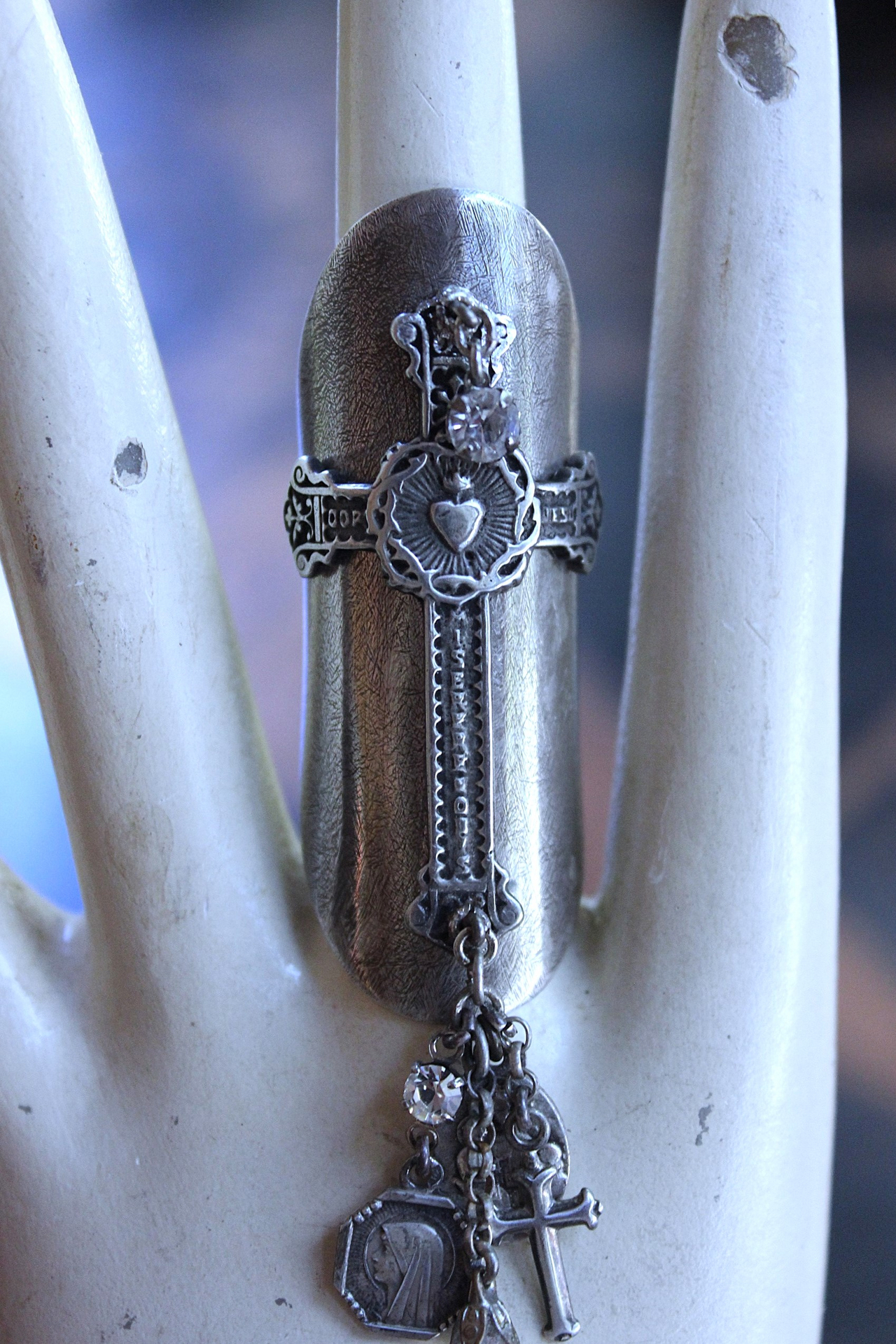 NEW! Unique Wide Sterling Ring with Antique French Medals, Crosses & Tiny Faceted Rock Crystals - size 7 1/4