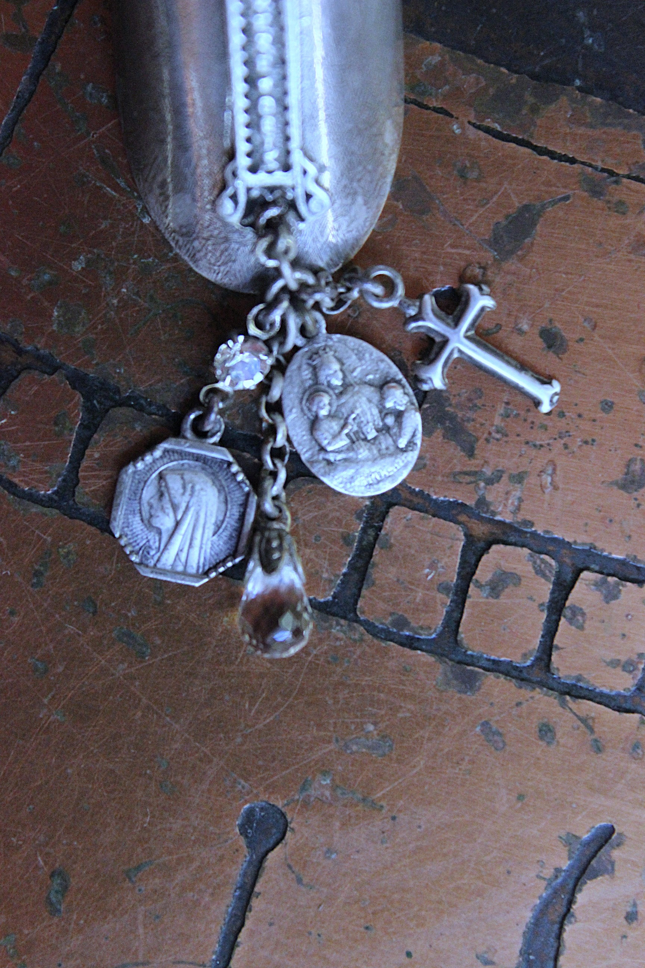 NEW! Unique Wide Sterling Ring with Antique French Medals, Crosses & Tiny Faceted Rock Crystals - size 7 1/4