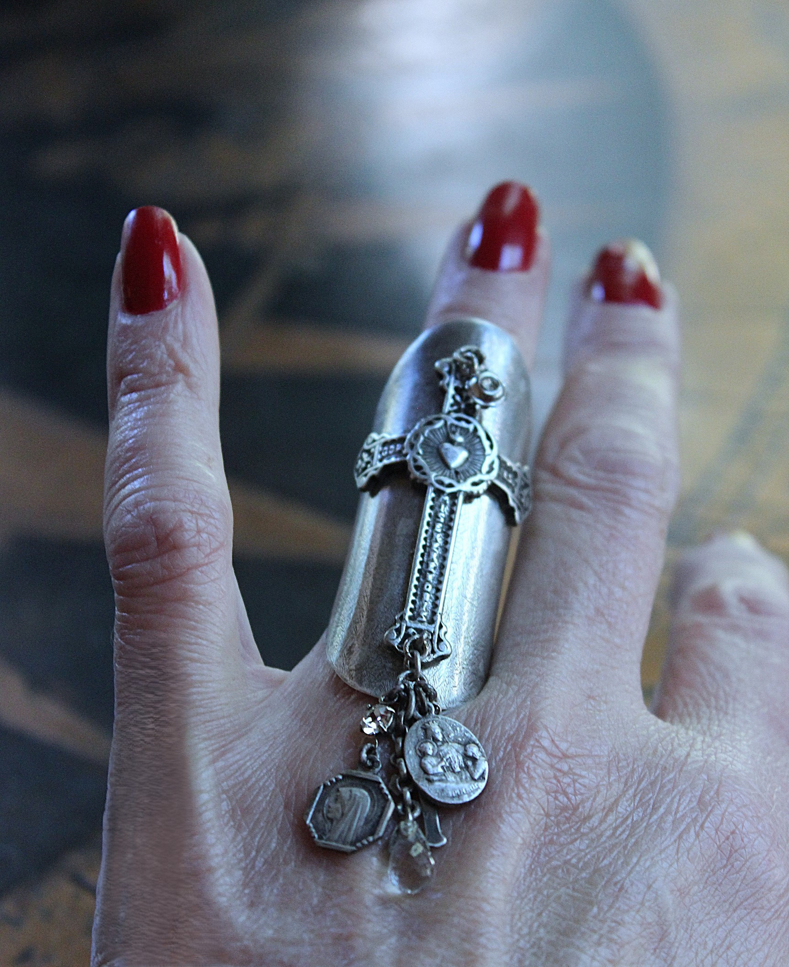 NEW! Unique Wide Sterling Ring with Antique French Medals, Crosses & Tiny Faceted Rock Crystals - size 7 1/4