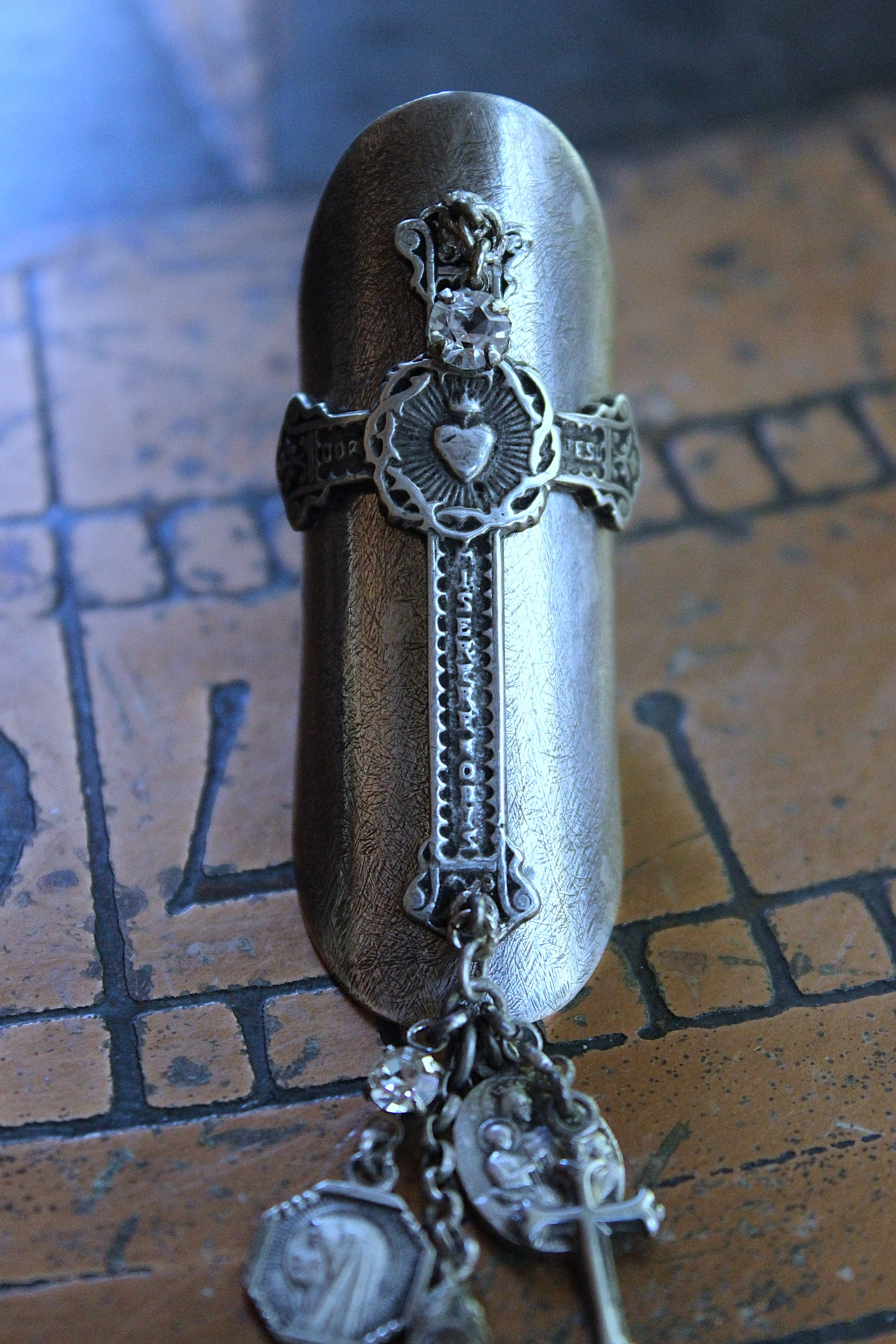 NEW! Unique Wide Sterling Ring with Antique French Medals, Crosses & Tiny Faceted Rock Crystals - size 7 1/4