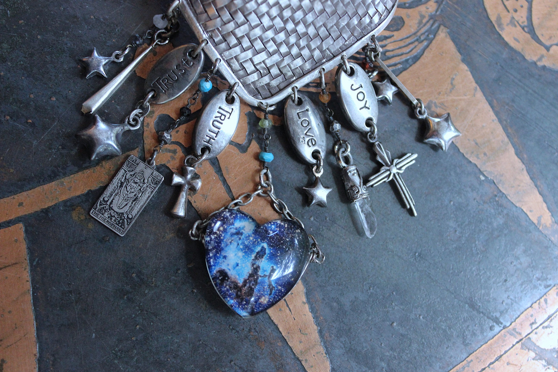 NEW! The Heirophant Wide Sterling Weave Cuff Bracelet with Heart Shaped Glass Pillars of Creation,Sterling Engraved Heirophant Medal, Sterling Stars & More!