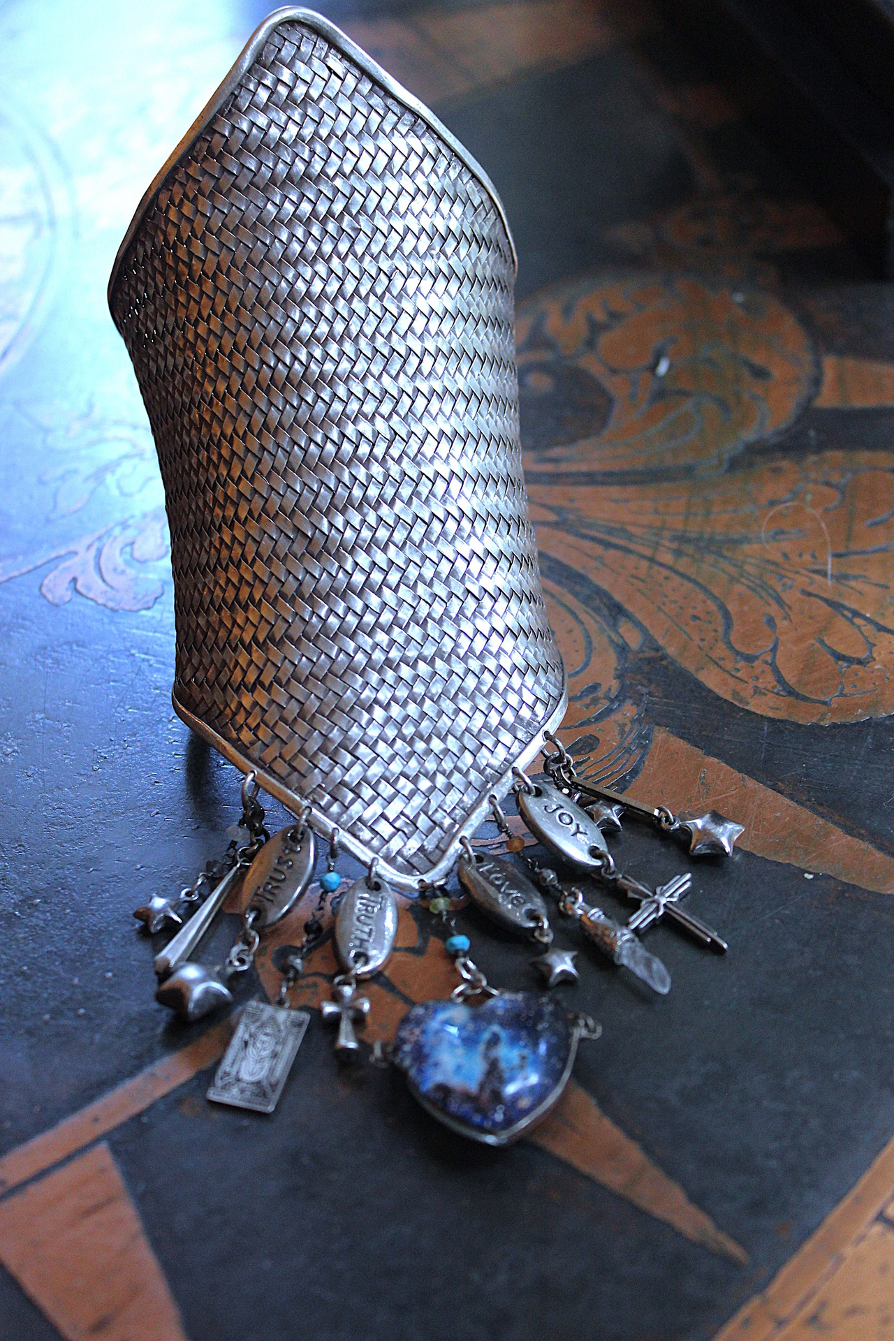 NEW! The Heirophant Wide Sterling Weave Cuff Bracelet with Heart Shaped Glass Pillars of Creation,Sterling Engraved Heirophant Medal, Sterling Stars & More!