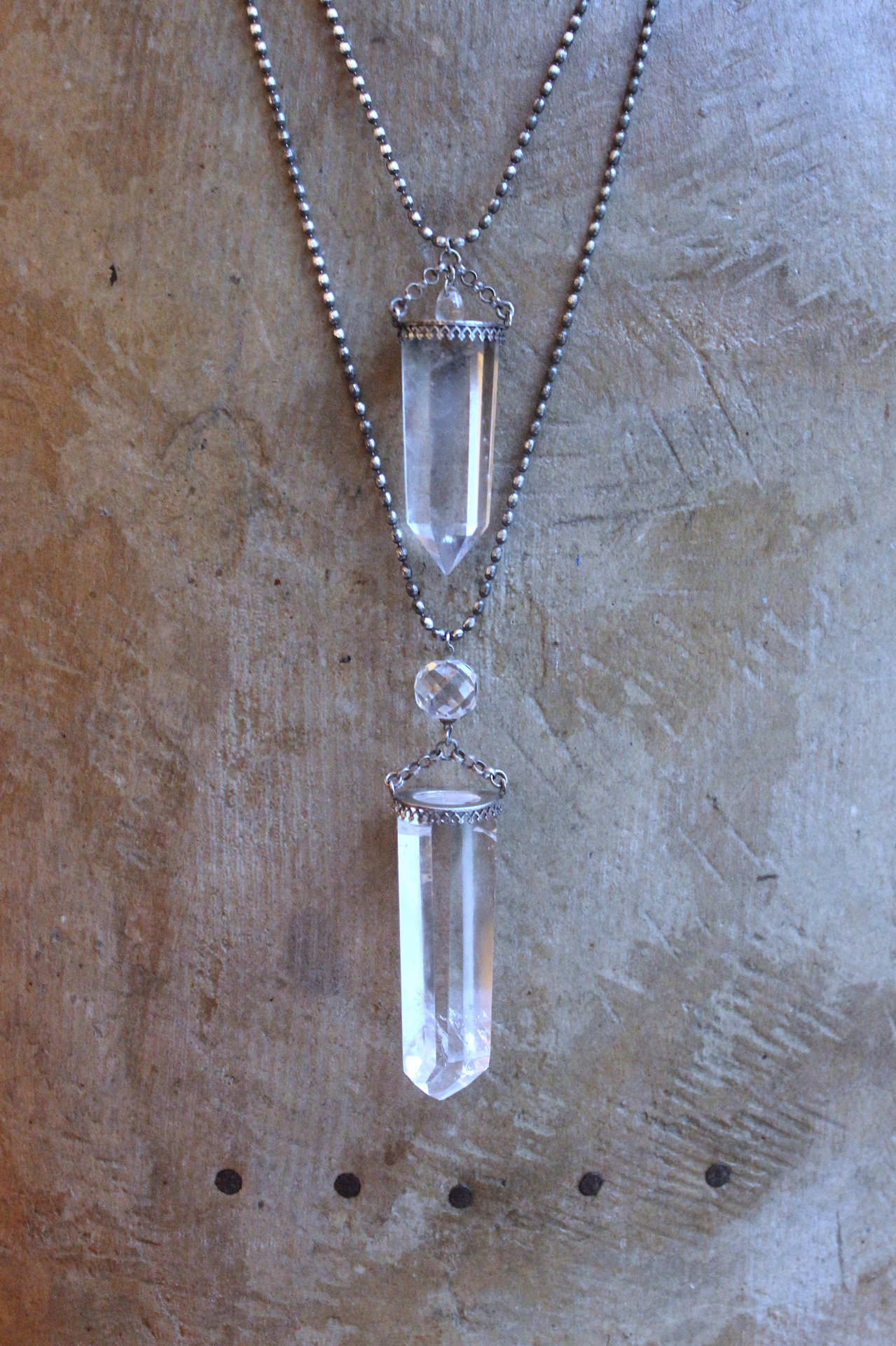 NEW! Two Principles Necklace with Sterling Crown Bezel Clear Quartz Points,Faceted Rock Crystal Orb,Tiny Sterling Bead Chains