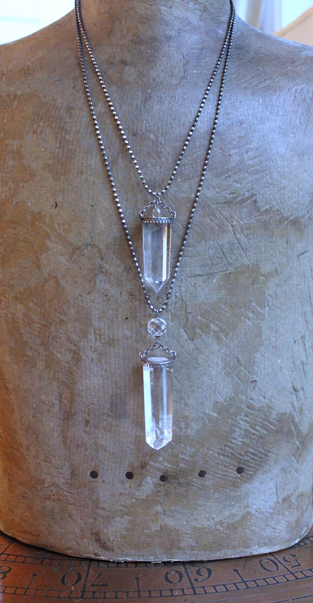 NEW! Two Principles Necklace with Sterling Crown Bezel Clear Quartz Points,Faceted Rock Crystal Orb,Tiny Sterling Bead Chains