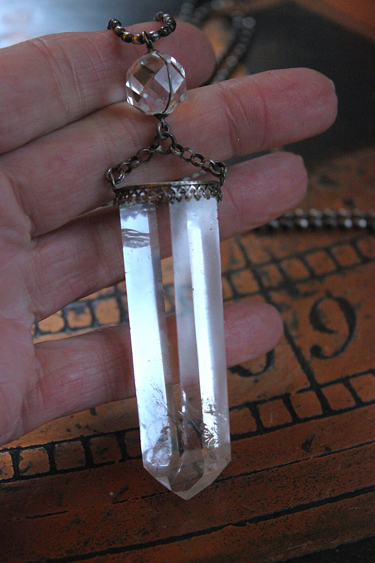 NEW! Two Principles Necklace with Sterling Crown Bezel Clear Quartz Points,Faceted Rock Crystal Orb,Tiny Sterling Bead Chains