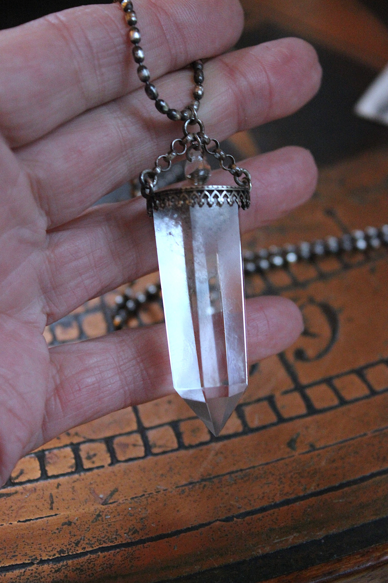 NEW! Two Principles Necklace with Sterling Crown Bezel Clear Quartz Points,Faceted Rock Crystal Orb,Tiny Sterling Bead Chains