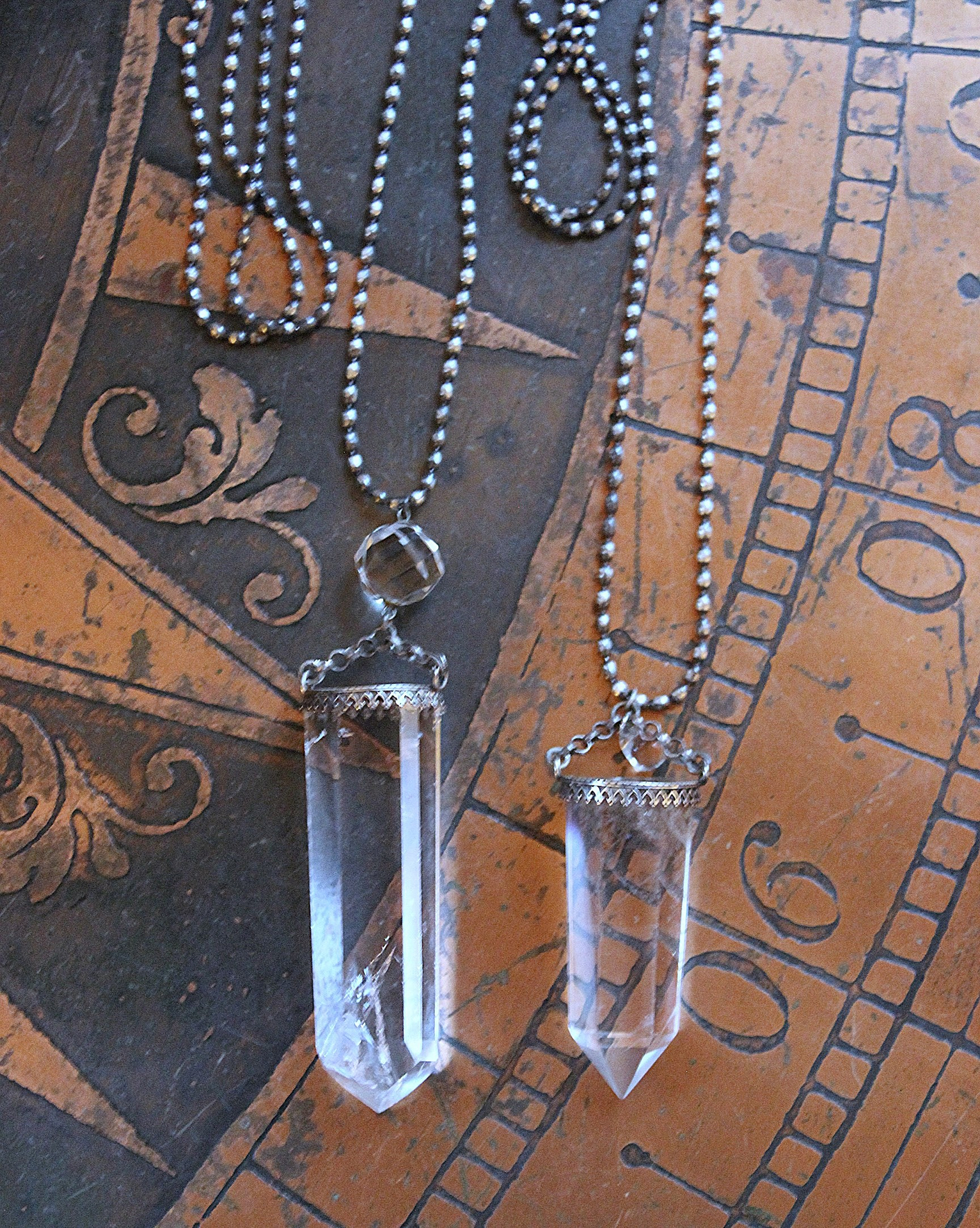 NEW! Two Principles Necklace with Sterling Crown Bezel Clear Quartz Points,Faceted Rock Crystal Orb,Tiny Sterling Bead Chains
