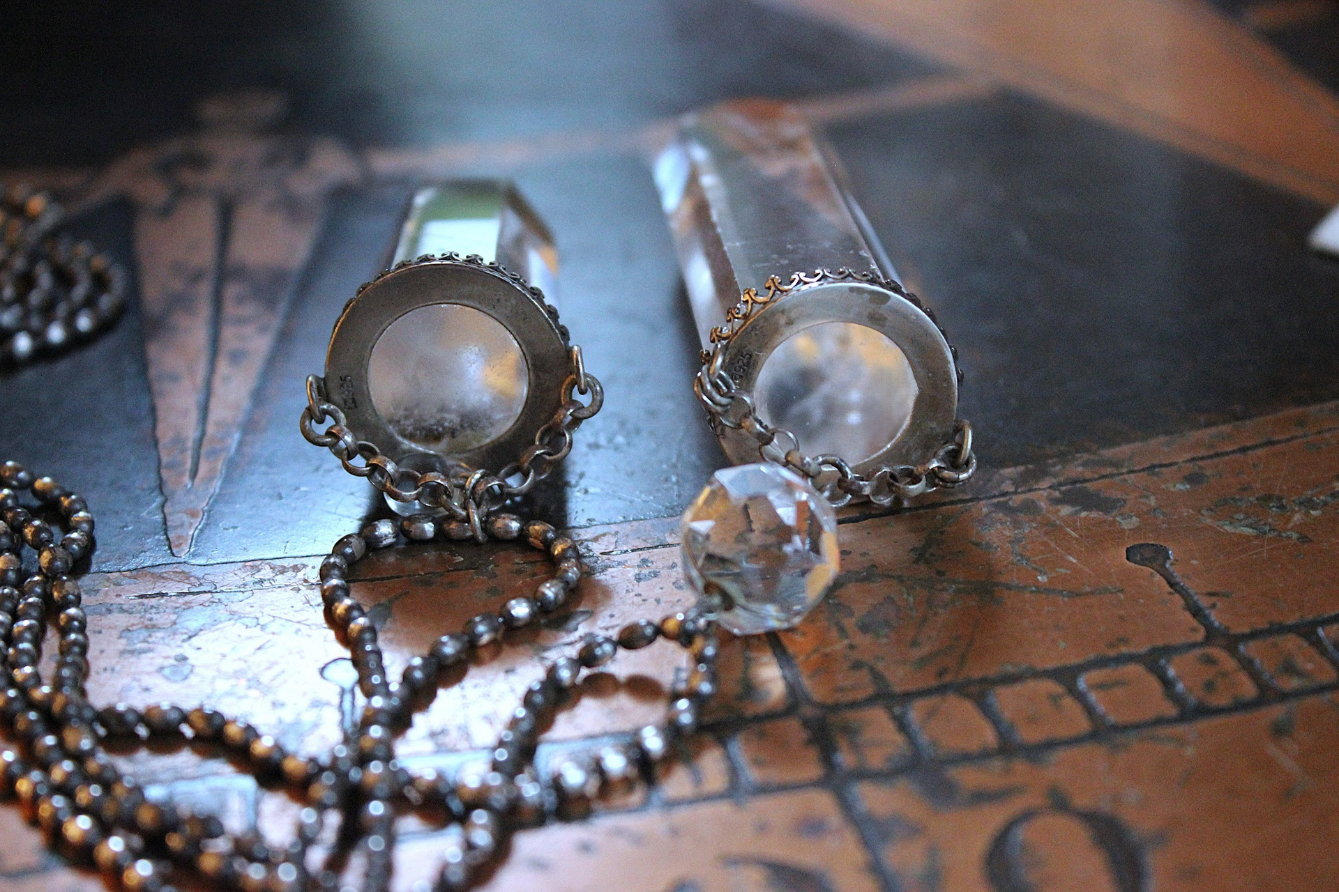 NEW! Two Principles Necklace with Sterling Crown Bezel Clear Quartz Points,Faceted Rock Crystal Orb,Tiny Sterling Bead Chains