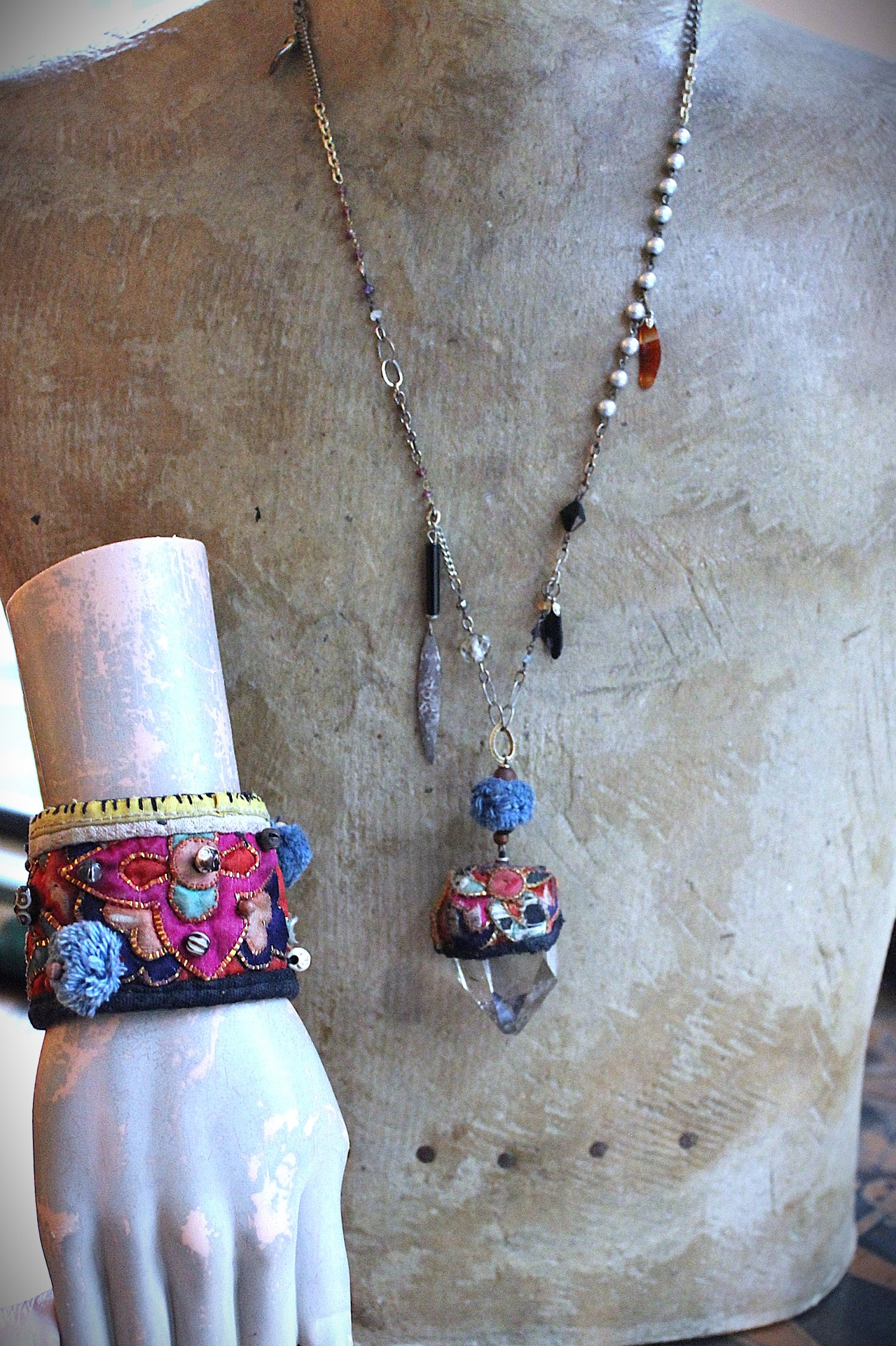 NEW! Antique Hmong Textile Cuff Bracelet & Necklace Set w/Freeform Citrine Point,Vintage Fragment Chain,Hand Stitched Beads