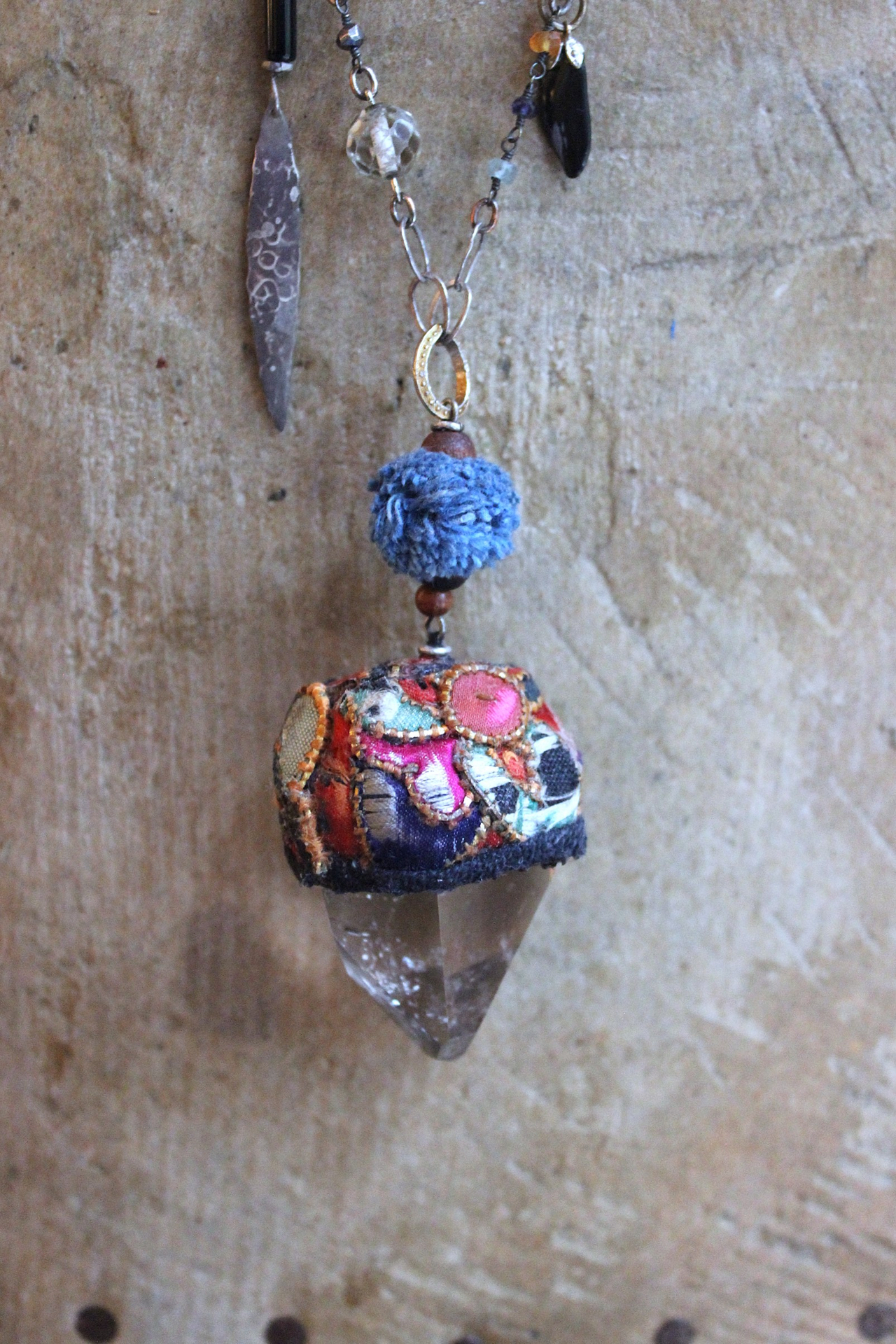 NEW! Antique Hmong Textile Cuff Bracelet & Necklace Set w/Freeform Citrine Point,Vintage Fragment Chain,Hand Stitched Beads