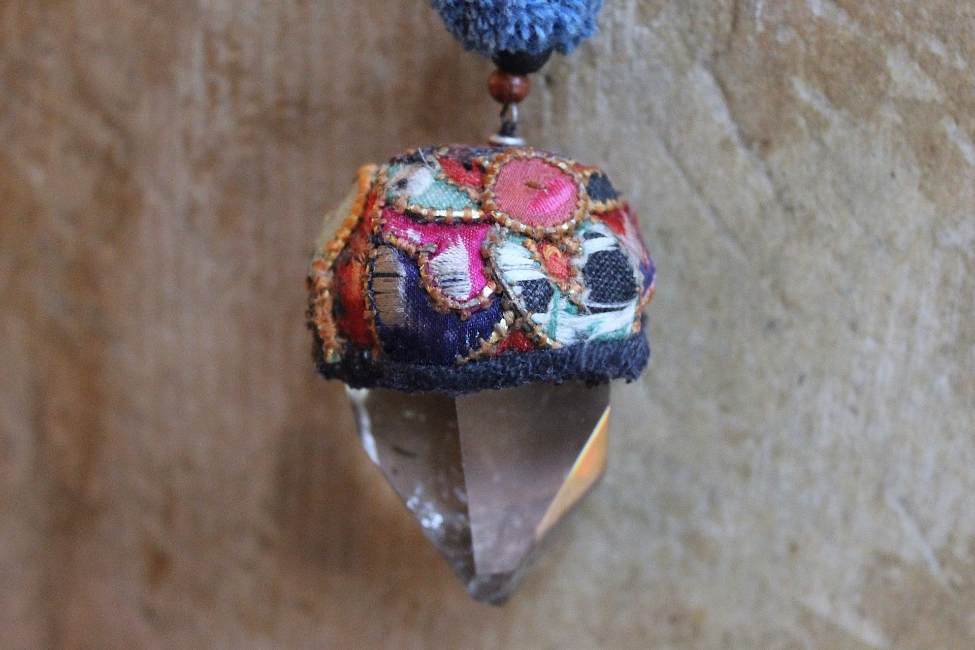 NEW! Antique Hmong Textile Cuff Bracelet & Necklace Set w/Freeform Citrine Point,Vintage Fragment Chain,Hand Stitched Beads