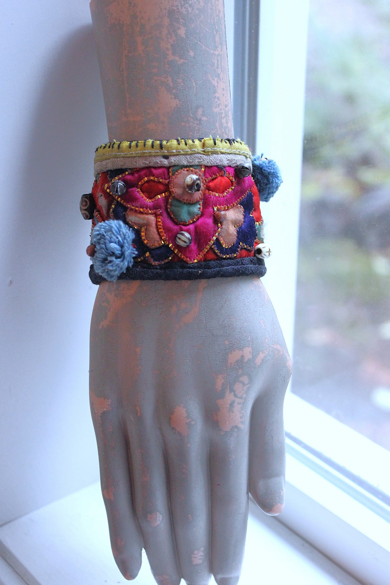 NEW! Antique Hmong Textile Cuff Bracelet & Necklace Set w/Freeform Citrine Point,Vintage Fragment Chain,Hand Stitched Beads