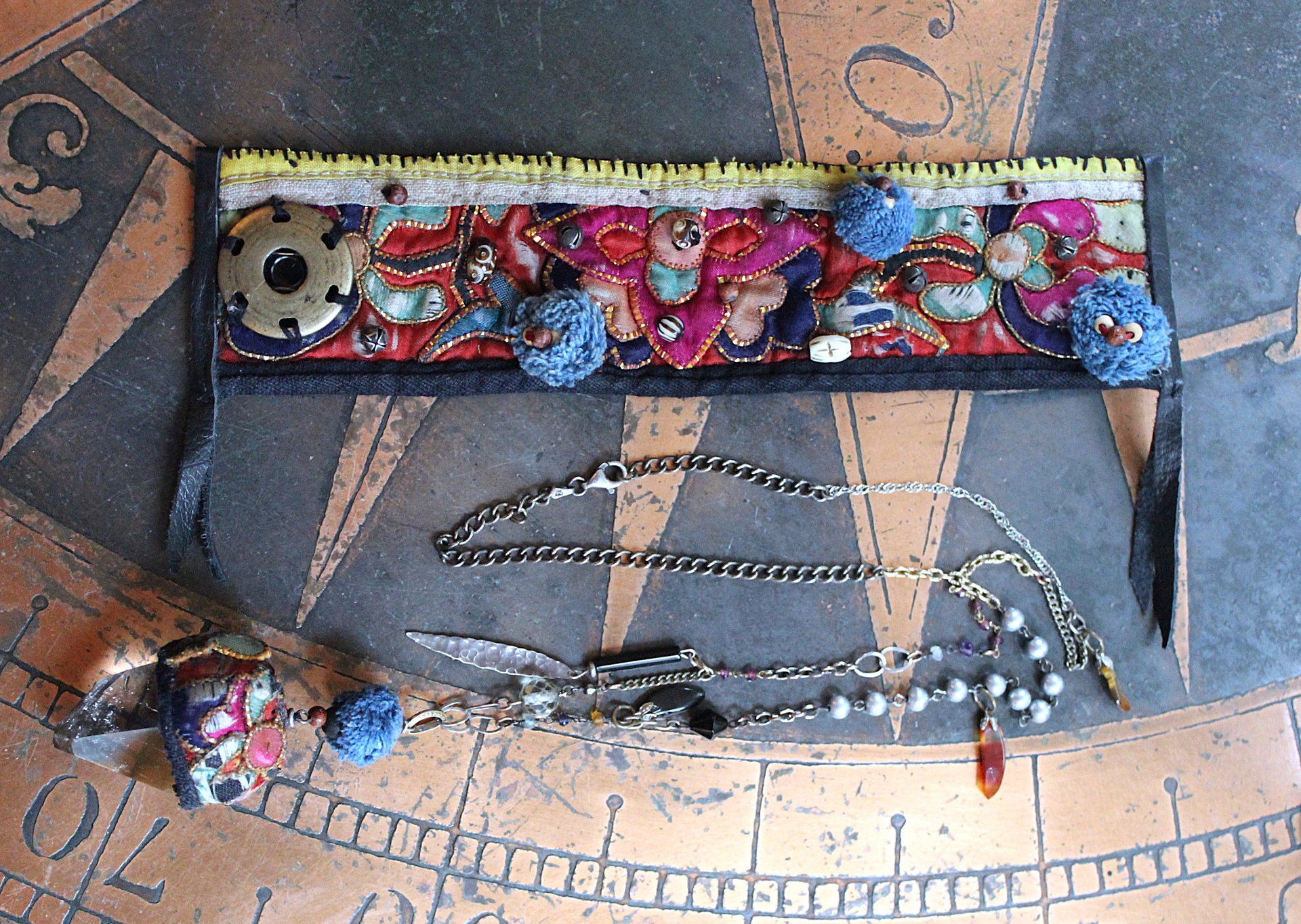 NEW! Antique Hmong Textile Cuff Bracelet & Necklace Set w/Freeform Citrine Point,Vintage Fragment Chain,Hand Stitched Beads